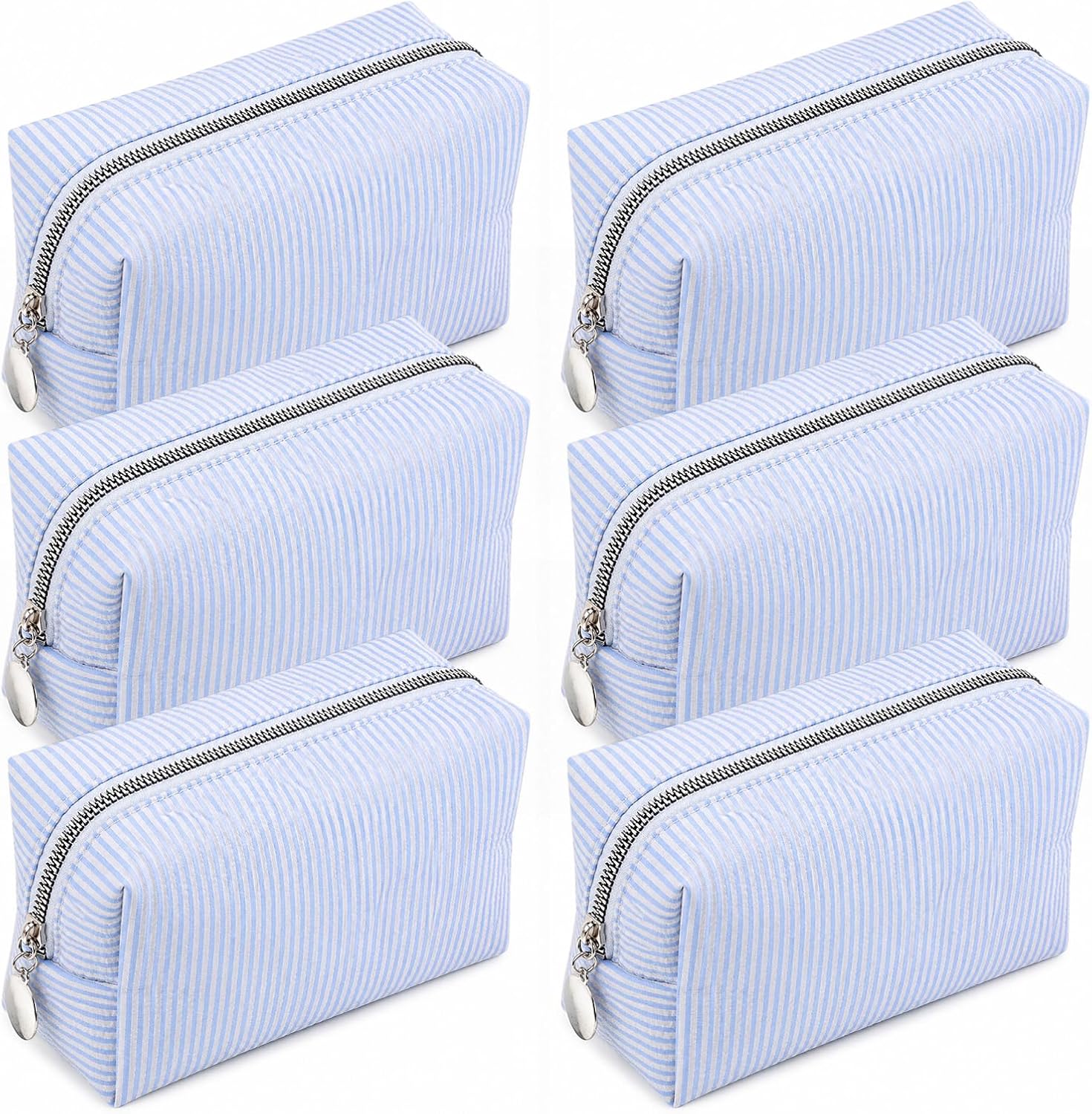 6 PCS Seersucker Makeup Bag, Bride Makeup Bag Cosmetic Bags with Zipper Travel Bags for Toiletries and Cosmetics, Bridesmaids Proposal Gifts, Wedding and Birthday Gift-Blue