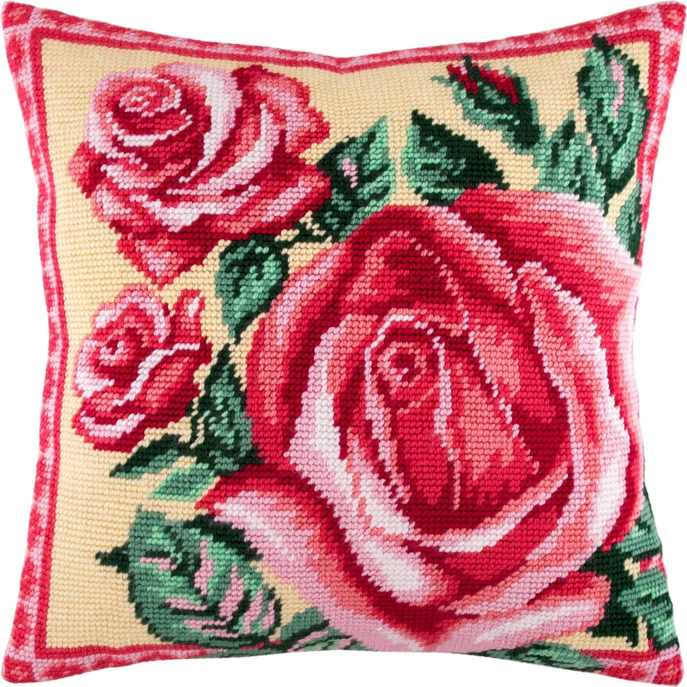 Brvsk Floral Stamped Cross-Stitch Kit for Adults and Beginners — Rose 16″ × 16″ with Clear, Precise Printed Design on Cotton Canvas; Includes 2 Needles, Yarn, and Easy-Read Chart