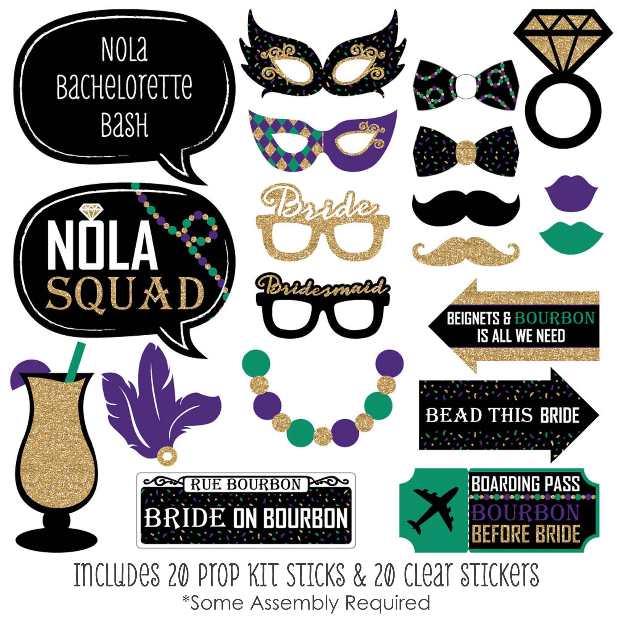 Big Dot of Happiness NOLA Bride Squad - Nowy Orlean wieczór panieński zestaw rekwizytów do fotobudki - 20 sztuk