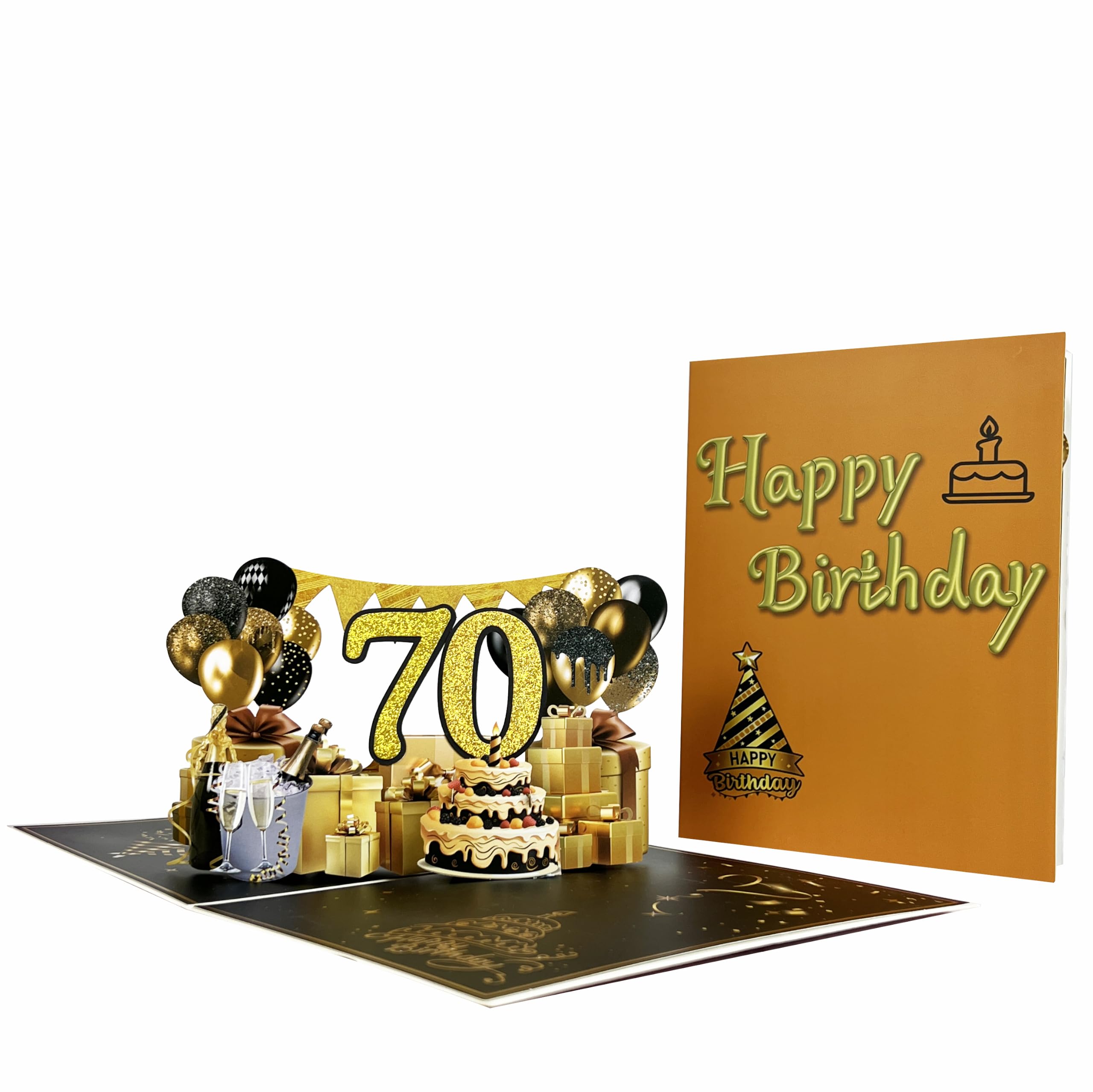 SwammCard 70th Birthday Pop Up Card, Elegant Black Gold 3D Design