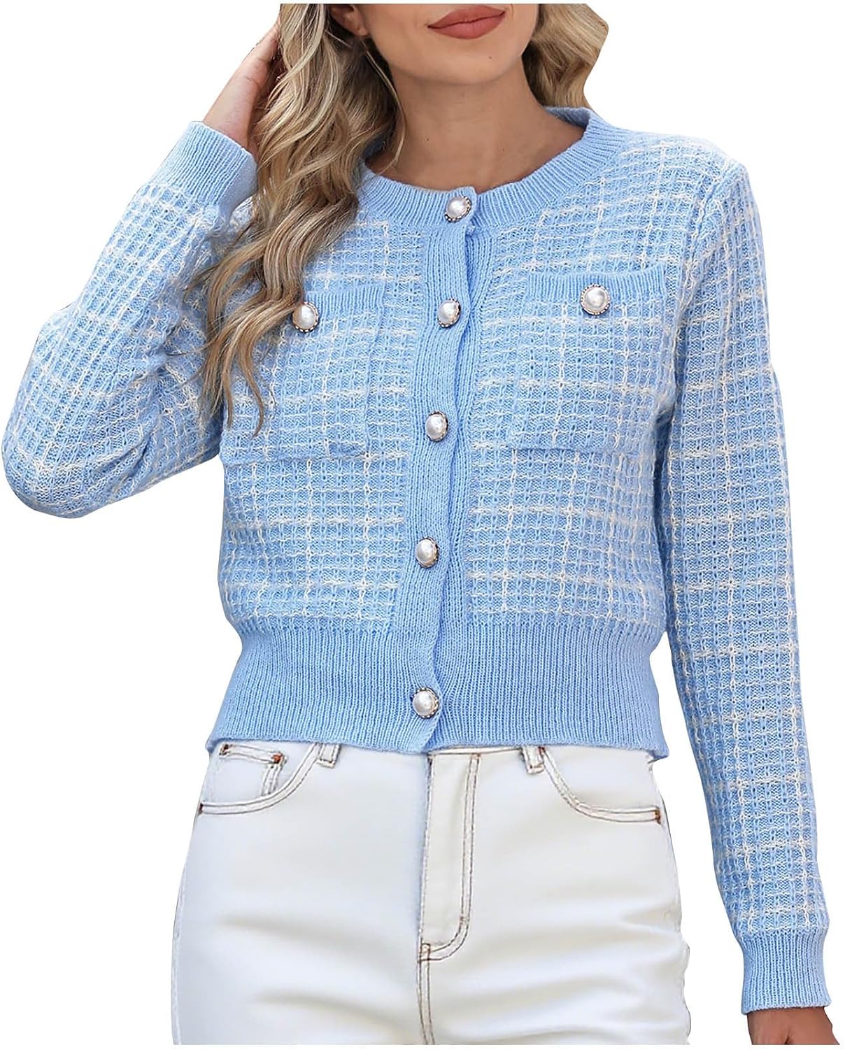Fashion Tweed Plaid Cardigan Blazer for Women:Elegant Button Front Long Sleeve Coats Crew Neck Knit Jackets