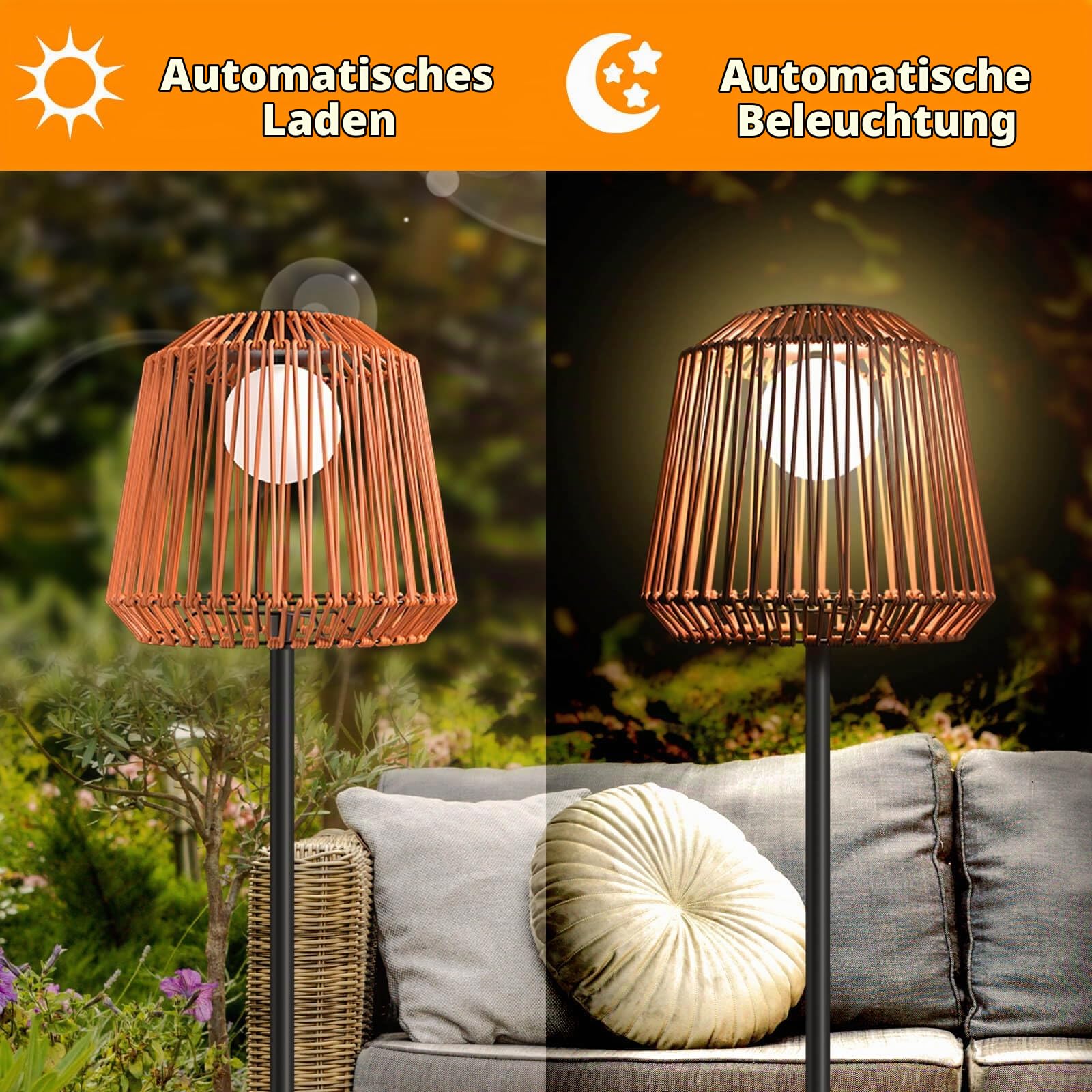 Solar Stehlampe Outdoor Rattan, Terrassenlampe Garten, USB & Solar Aufladung, 3 Helligkeitsstufen, IP65 Wasserdicht, Warmweiß LED Stehleuchte für Terrasse Balkon Veranda Wohnzimmer