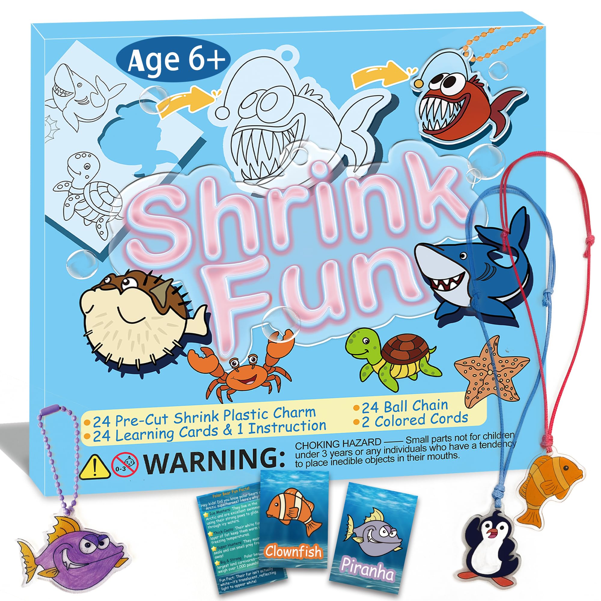 Shrink Fun 75PCS Shrinky Dinks Craft Kits for Kids, Includes 24 Pre Cut Sea Animals Charms, 24 Learning Cards and More, Keychain&Necklace Making Set for Boys and Girls, Craft Activity for Party Age 6+