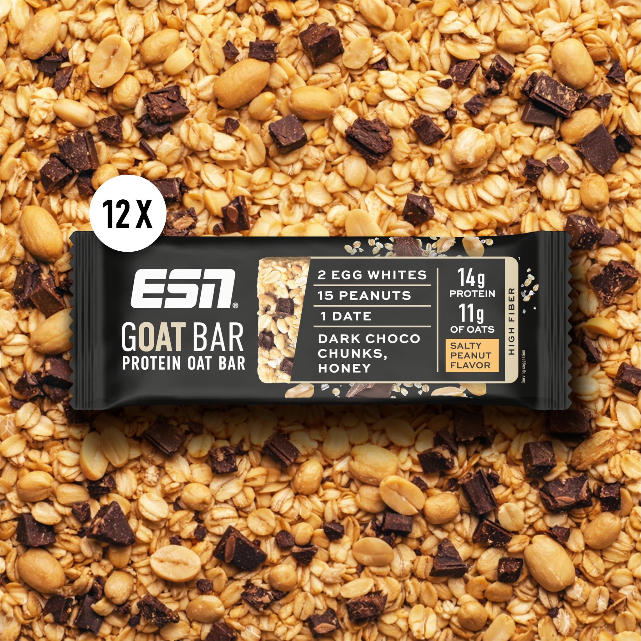 ESN GOAT Bar, Salty Peanut, 12 x 55 g, Protein Oat Bar, Powersnack mit hohem Ballaststoffgehalt, 14g Protein & 11g Oats gesüßt mit Datteln und Honig