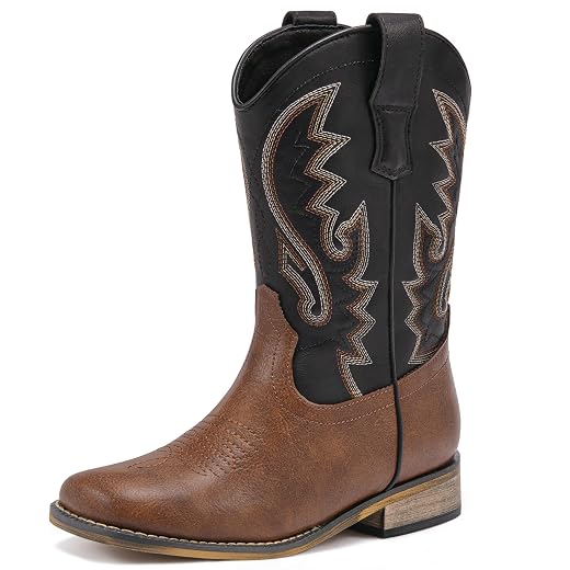 LAURMOSA Boys Cowboy Boots Western Square Toe Boots, Pull-On Mid Calf Embroidered Boots for Toddler Little Big Kid