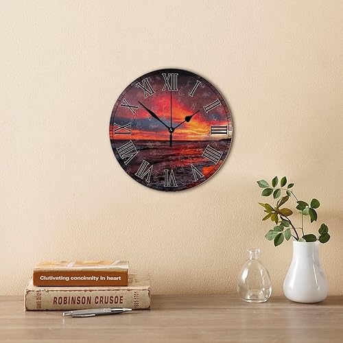 Miniatura 4 de Reloj de pared de madera de paisaje natural, silencioso con grandes números, reloj de pared redondo, estilo antiguo, moderno, reloj de madera para