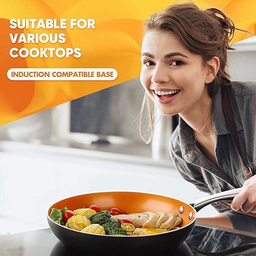 Miniatura 5 de MICHELANGELO Sartén de 12 pulgadas + cacerola de 2 cuartos de galón con tapa, sartén de cobre ultra antiadherente con tapa, cacerola antiadherente