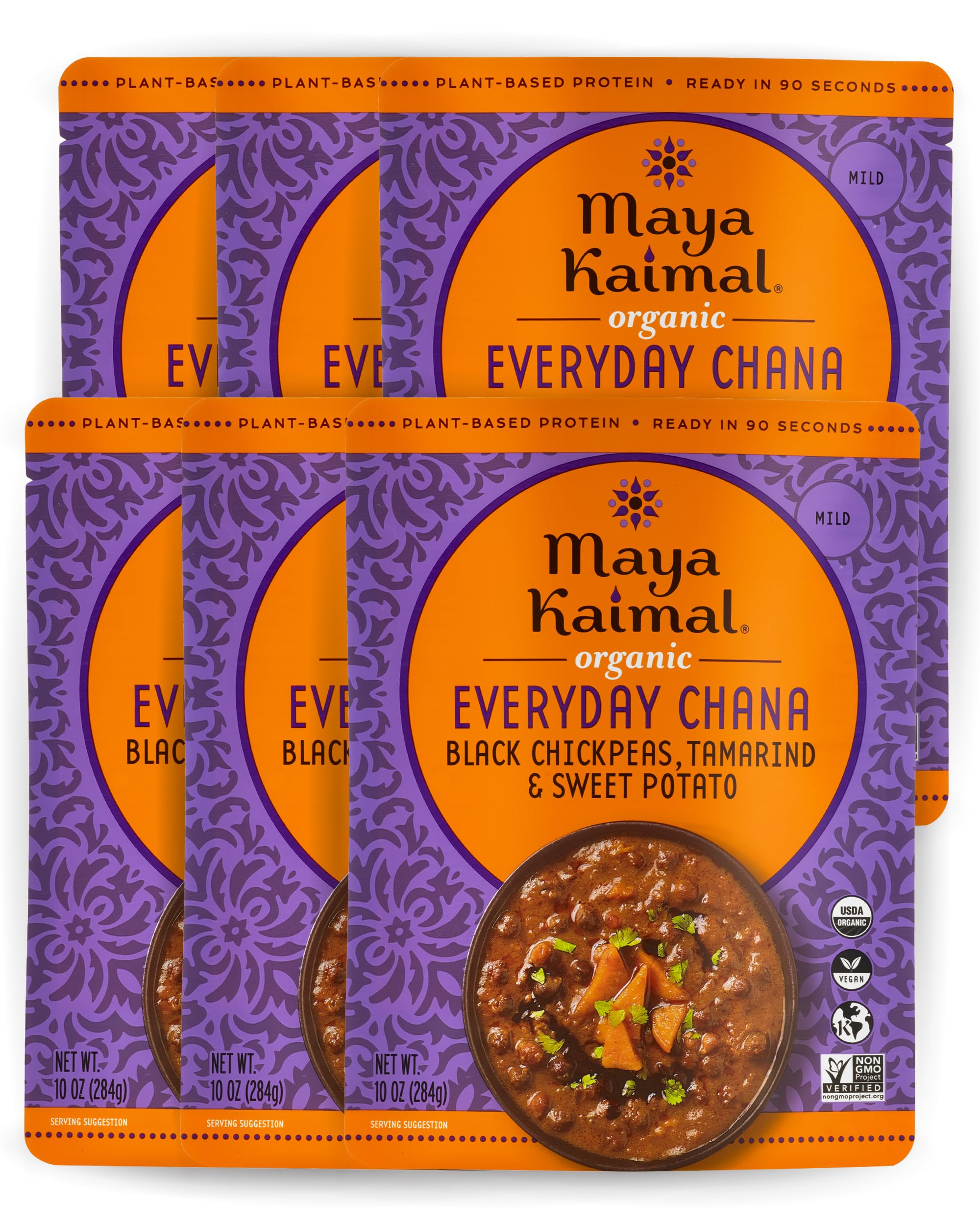 Foods Organic Indian Everyday Chana, 10 Oz (Pack Of 6), Fully Cooked Black Chickpeas with Tamarind & Sweet Potato. Vegan, Microwavable, Ready To Eat, 6Count