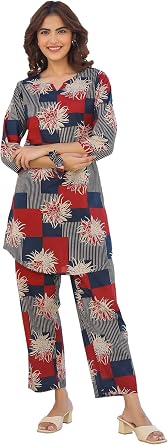 Janasya Indian Womens Cotton Blue Floral Print Casual Wear Co-ord Set for Women