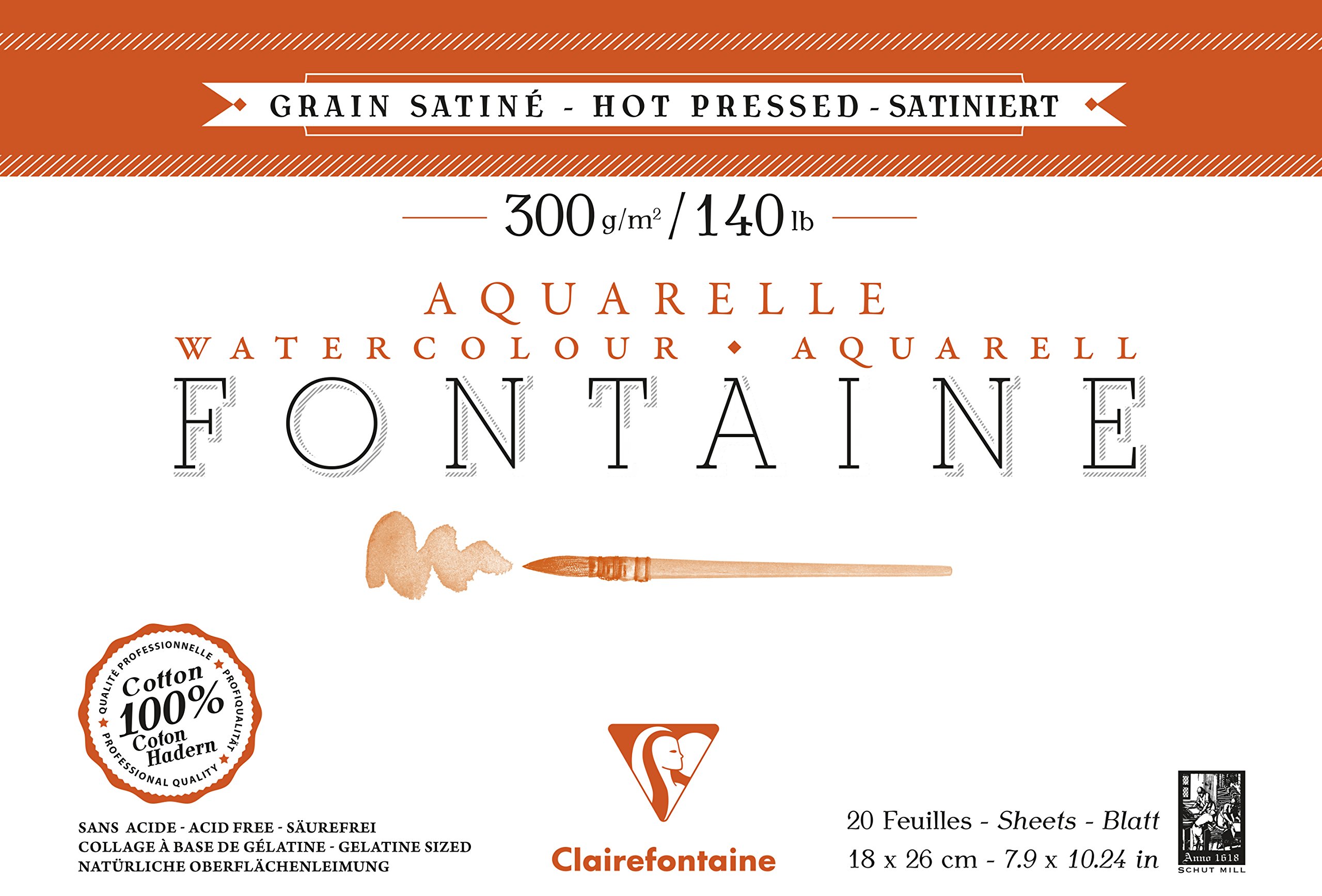 Clairefontaine 96343C - Bloc encolado (4 caras, 20 hojas, papel acuarela, 100% algodón, grano satinado, calidad profesional, 18 x 26 cm, 300 g)
