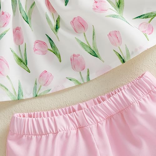 Miniatura 7 de Conjunto de ropa de verano para niña pequeña, con lazo fruncido, camiseta y pantalones cortos, tulipán, floral, lindos trajes para niñas pequeñas