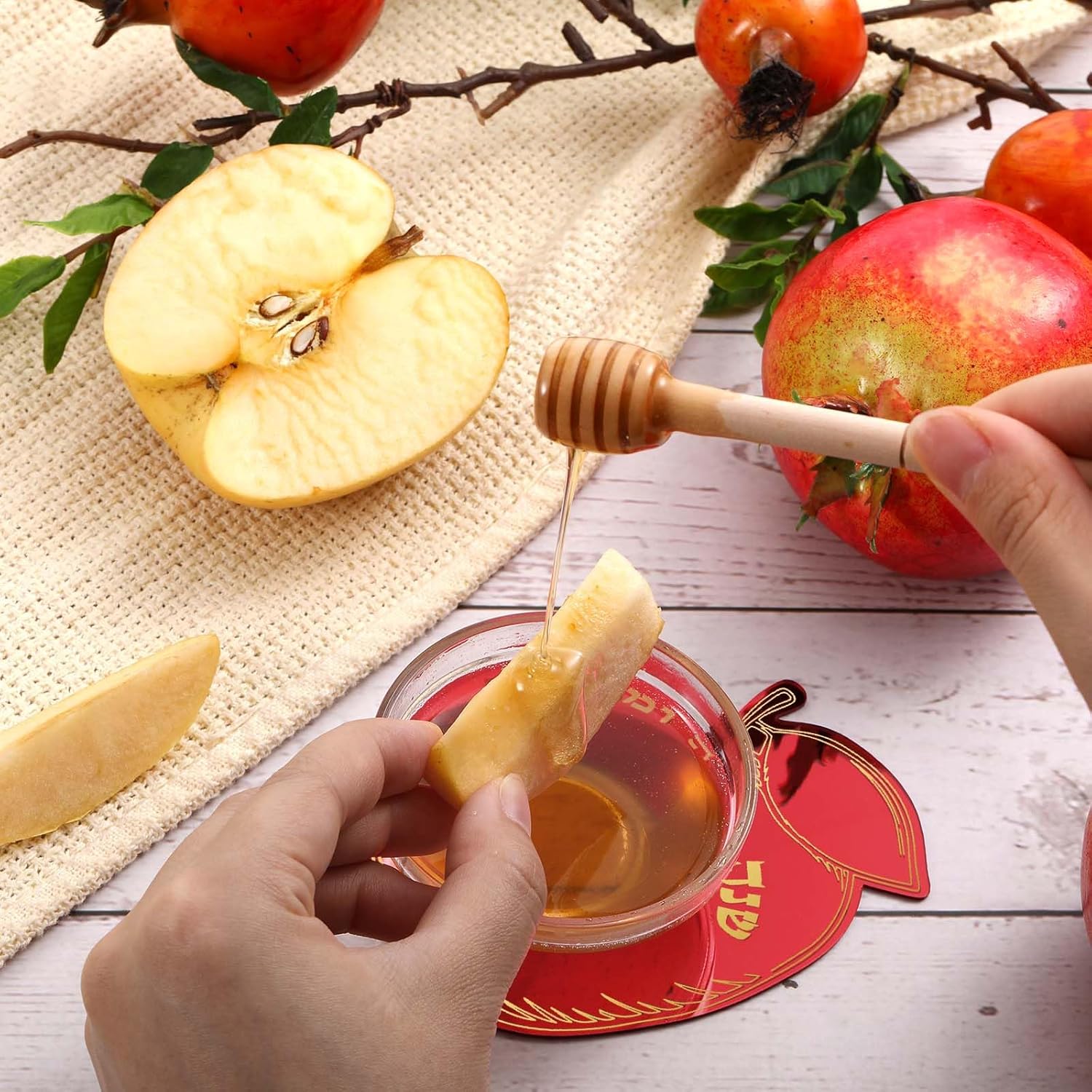 6 Sets Rosh Hashanah Apple Shaped Honey Dish with Dipping Spoon Jewish New Year Decoration Acrylic Apple Honey Dish with Stick for Jewish New Year Holiday Gift Table Decorations, Red