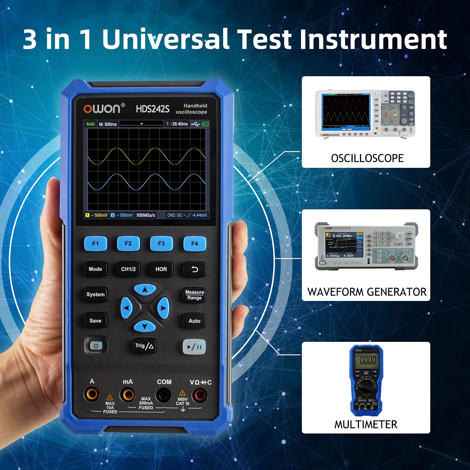 OWON HDS242S Oscilloscopio 3 in 1 Oscilloscopio per PC portatile professionale da 40 MHz, multimetro digitale da 20000 conteggi Display LCD da 3,5 pollici Strumento di test universale