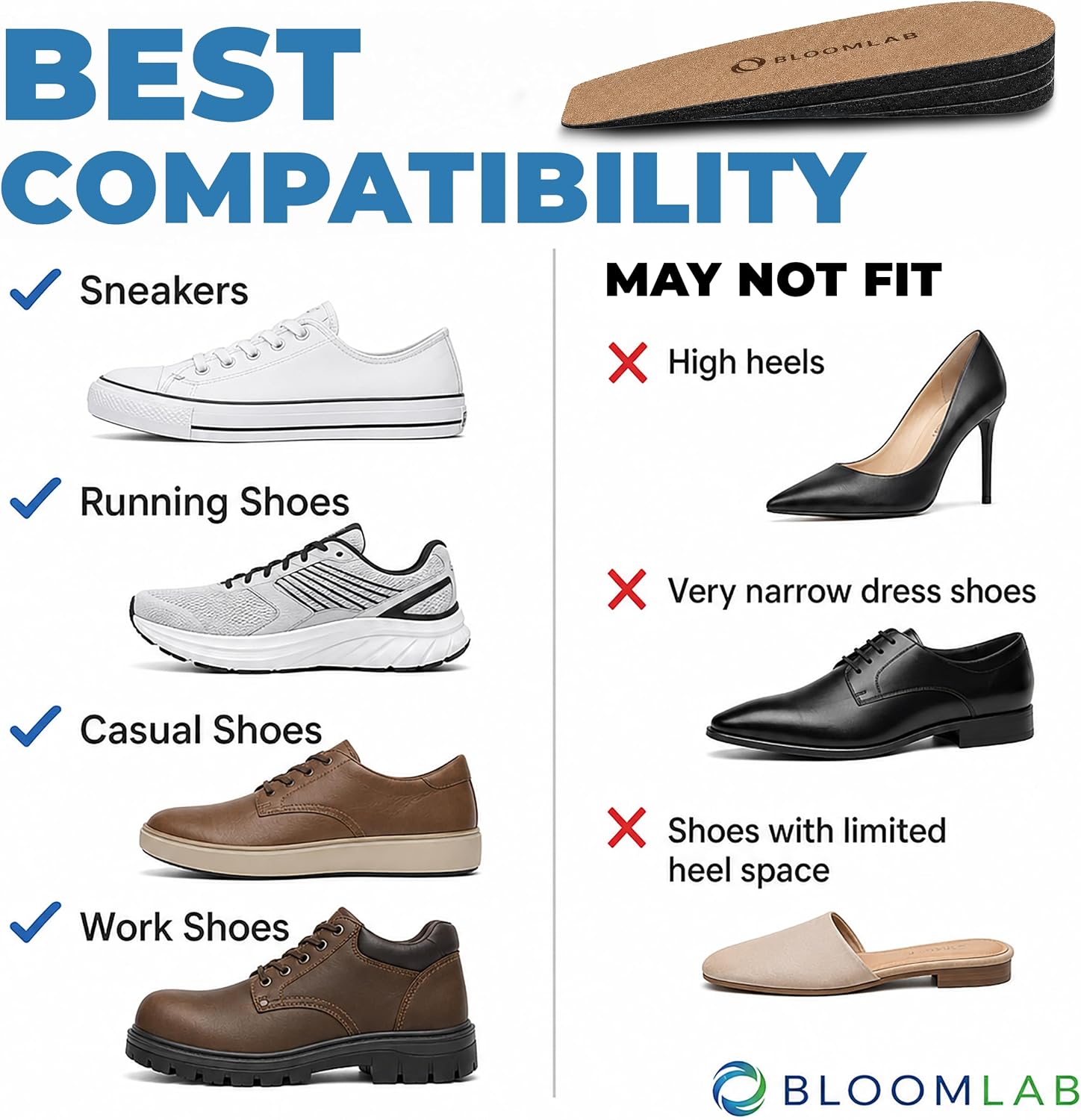 BloomLab Adjustable Heel Lift Inserts, Leg Length Discrepancy - Men & Women | 3-Layer Rubber Trims to Fit Any Shoe | Reusable & Comfortable All-Day Wear | Discreet Fit, Removable to Customize