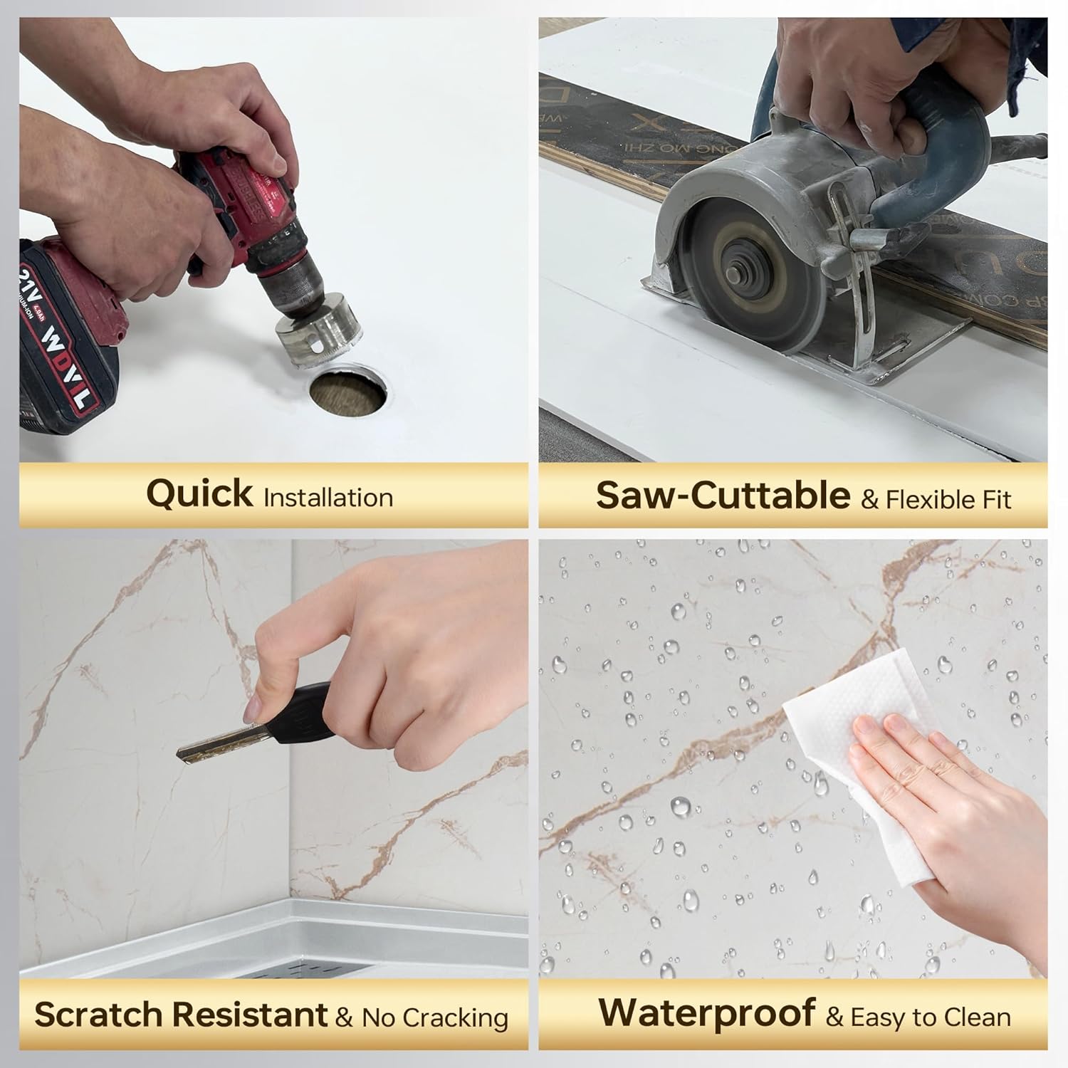 Woodbridge 60" W x 96" H 3-Piece Solid Surface Tile Tub and Shower Wall Panel Surround Kit in Beige Marble with Soft Brown Veining (High Gloss Finish), Quick Install and Trimmable, 3/16" (5mm) Thick