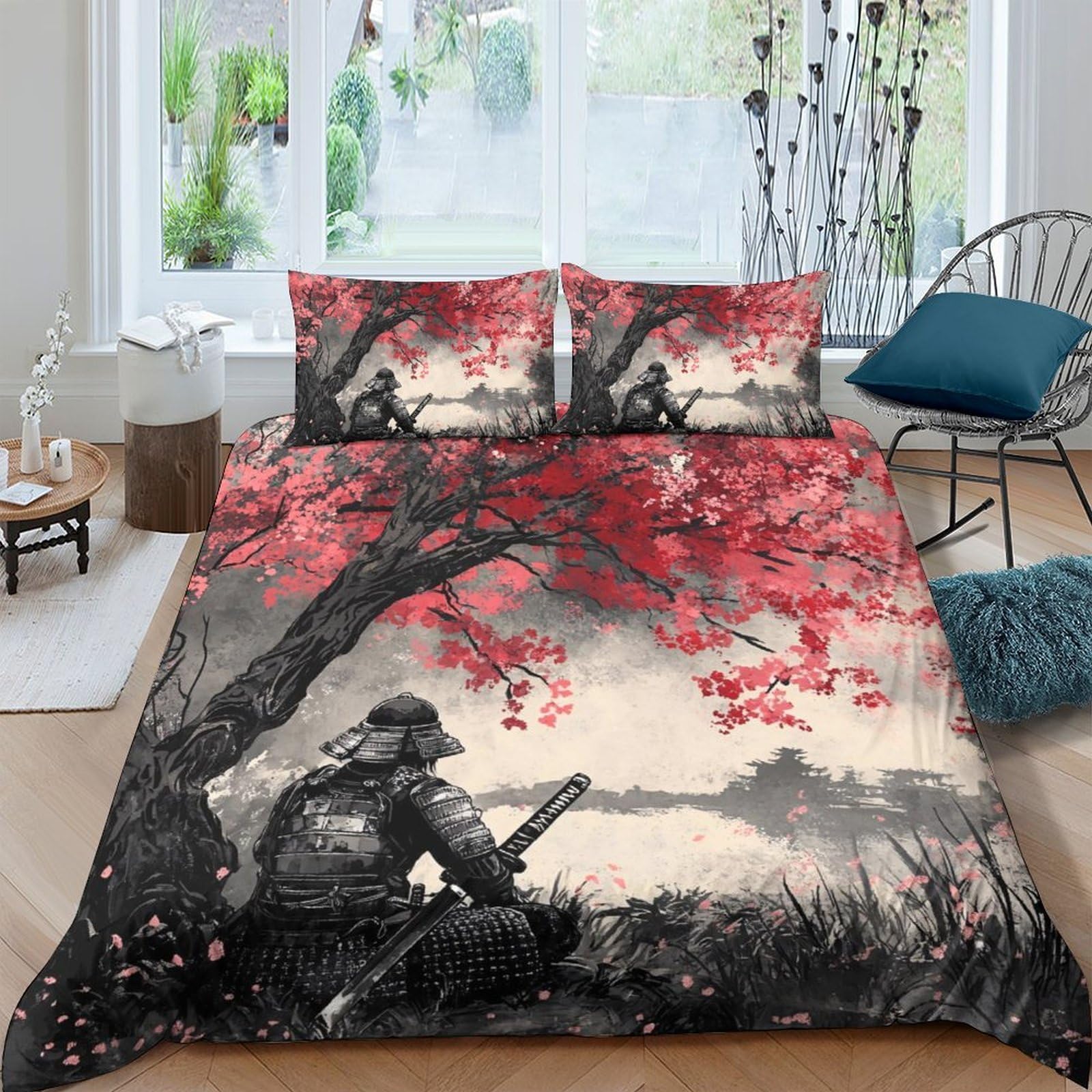 Ctjqhvkz Style-6 3D Printed Samurai Red Tree Fitted Sheet Microfiber Soft Artistic Scenery Mattress Cover For Bedroom Guest Room Decor Single（135X200cm）
