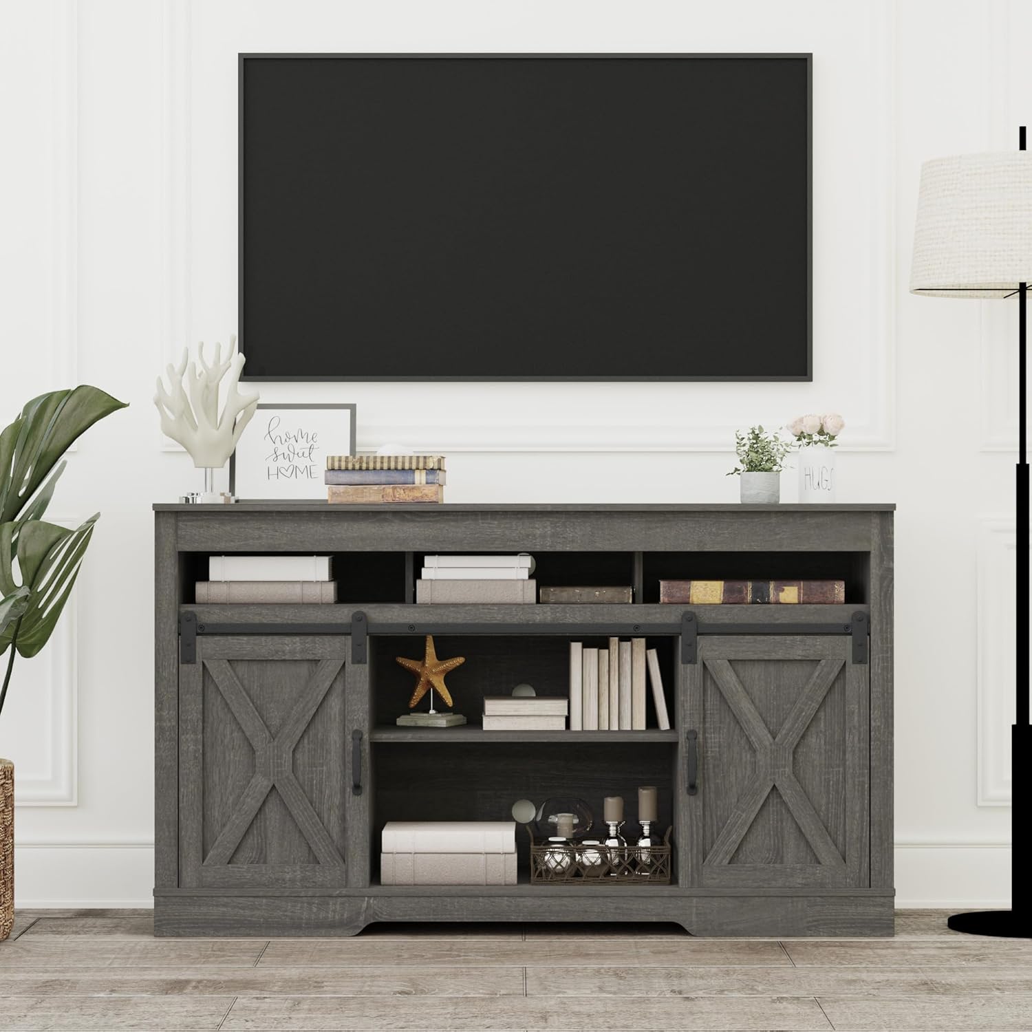 Farmhouse TV Stand for 65 inch TV Farmhouse Entertainment Center with Sliding Barn Doors Console Storage Cabinet for Living Room, Bedroom, White, 34 Inches Tall 1