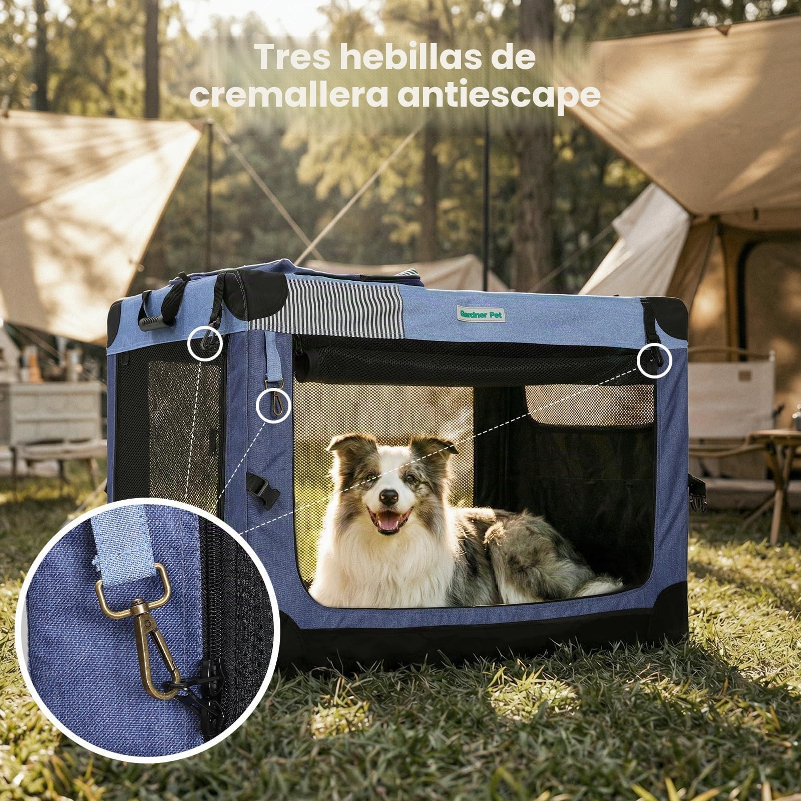 Gardner Pet Transportín Perro Grande,M-76x53x53cm-Azul | Plegable, 3 Puertas, Ventanas de Malla Resistente, Bolsa de Almacenamiento, Para Perros y Gatos