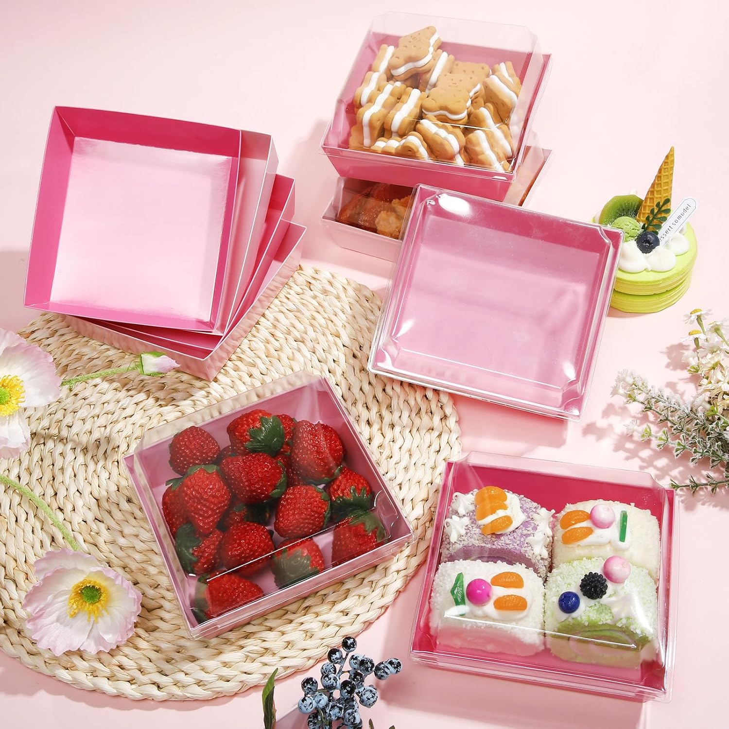 120 Pack Pink Small Charcuterie Boxes with Clear Lids 4.7x4.7 Inch, Disposable Paper Food Containers Dessert Bakery Treat Boxes for Cookies, Cupcake, Slice Cake, Strawberries (4.7'' X 4.7'')