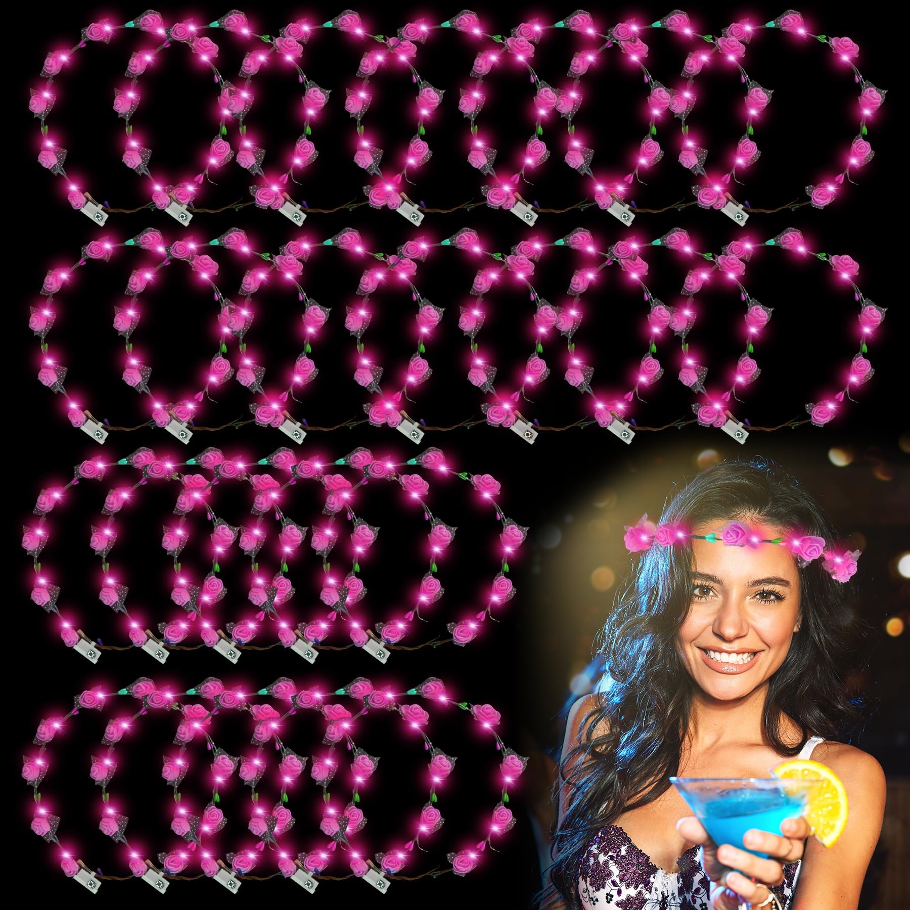 YOFOBU 36 Pcs Flower Crown Headband,Light Up Flower Headbands for Women,Glowing Floral Wreath Crowns for Wedding Beach Party (Pink) โ image 1