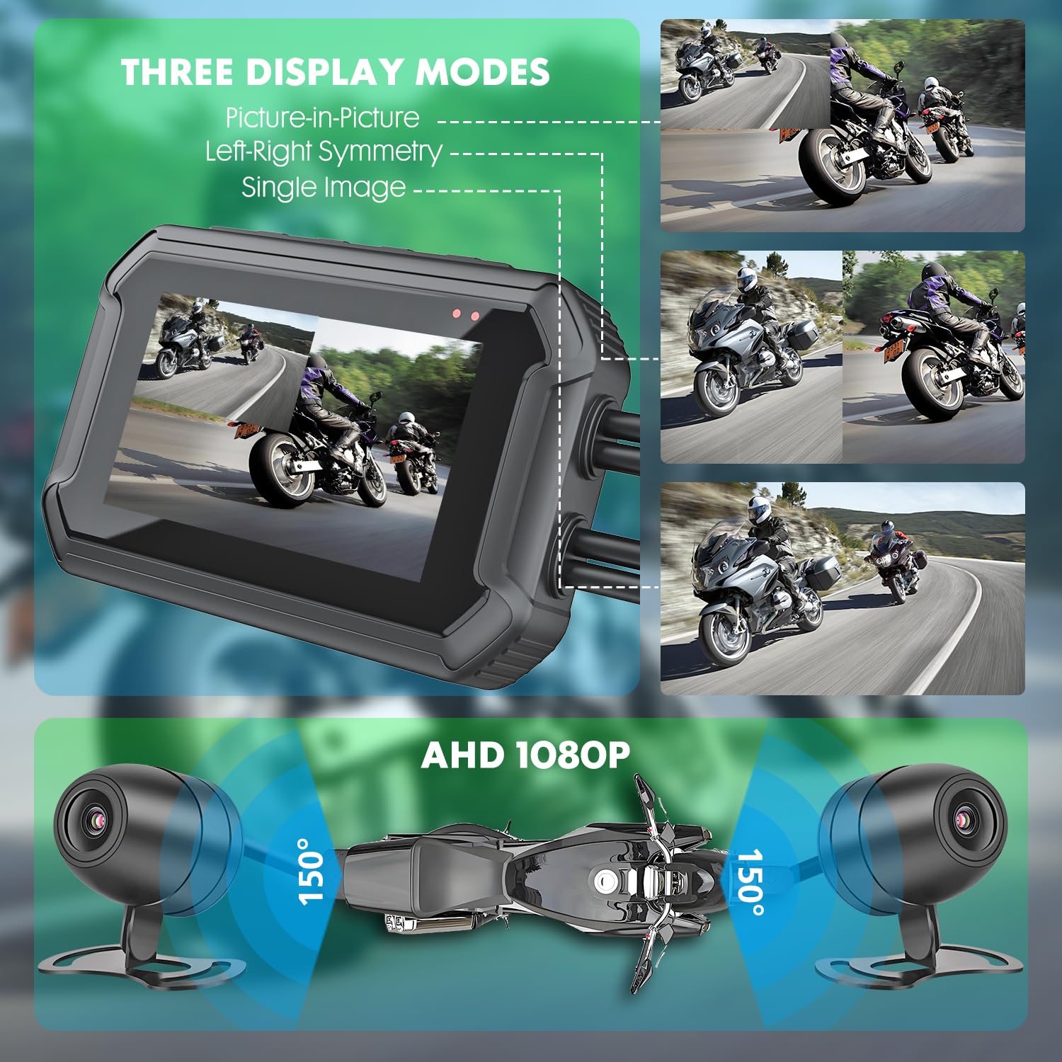 Dash Cam Moto, 1080P WDR Telecamera Anteriore e Posteriore, Dashcam Impermeabile con WiFi, GPS, Modalità Parcheggio, Telecomando Cablato, Schermo da 3", Scheda TF da 64 GB