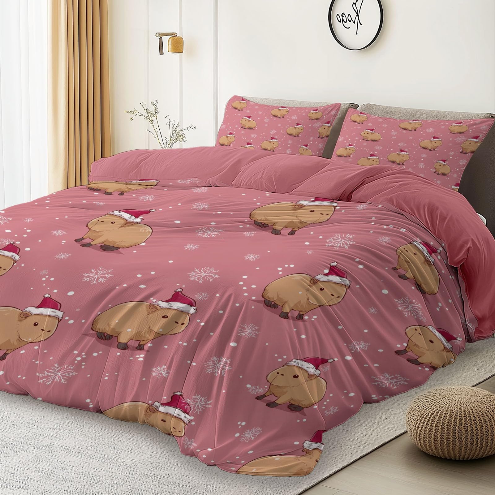Poszwa na kołdrę 240 x 260 cm z 2 poszewkami na poduszki - Kapibara Kreskówka Czapka Świętego Mikołaja - Miękka i wygodna poszwa na kołdrę z mikrofibry z zamkami błyskawicznymi, różowa