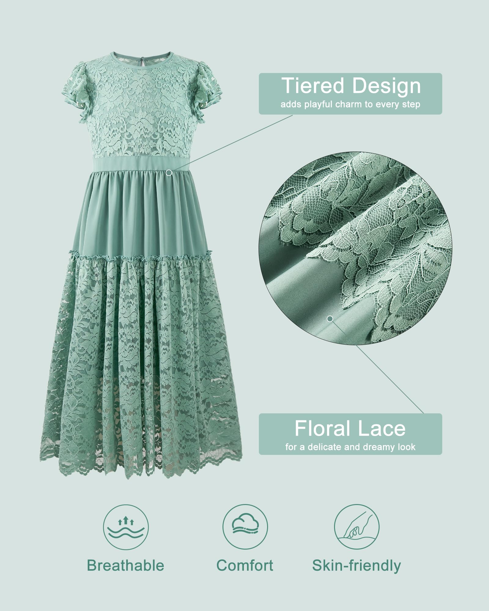 Rolanko Vestido largo de encaje bohemio para niñas, manga con volantes, vestido largo con forro para boda y fiesta