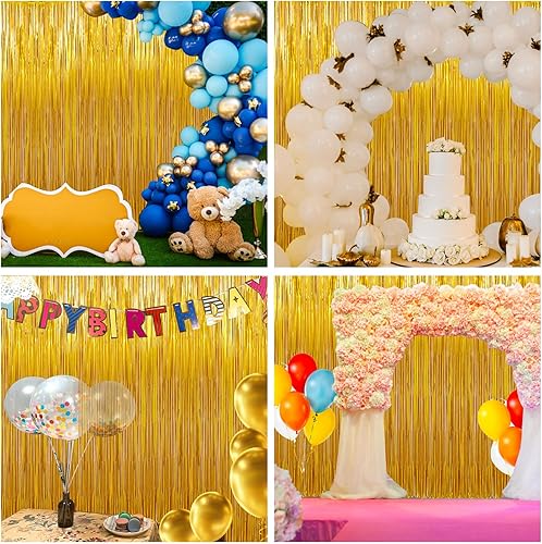 Miniatura 8 de Decoraciones de fiesta de cumpleaños 3 paquetes de cortinas de flecos de lámina dorada de 3.3 x 9.9 pies, suministros de fiesta, telón de fondo de