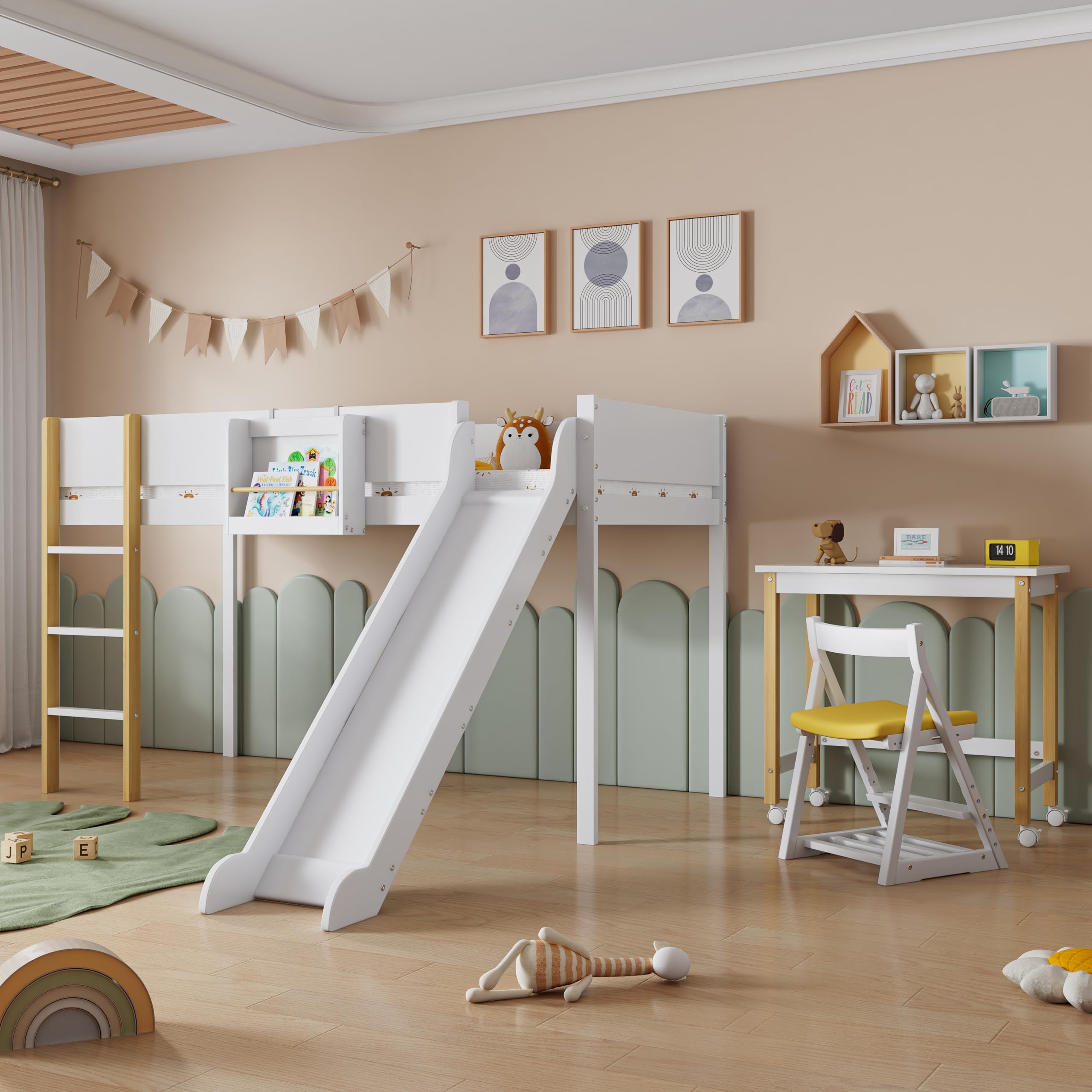 Hoogslaper, Met Dak En Raam, Met Drietraps Rechte Ladder, Jeugdbed, Kinderbed Met Glijbaan Grenen Mdf Wit Noten 90x200cm