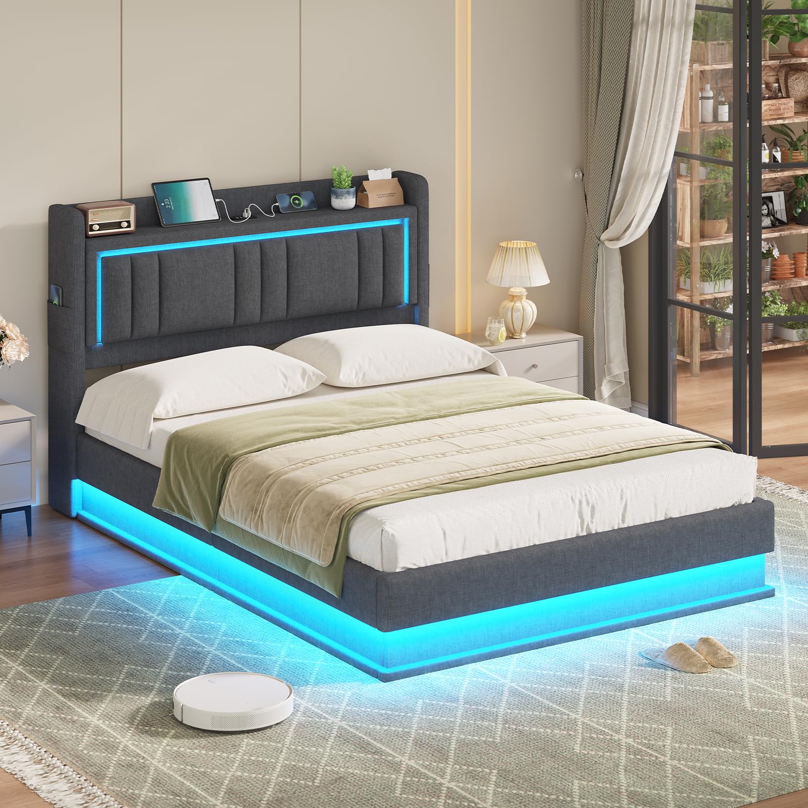 Lit Coffre 140x190 à LED, Lits Hydraulique avec Multiprise, Tête de Lit Capitonnée avec Étagère Ouvertes, Lits Double avec Rangement Spacieux, Lattes en Bois, Litss 140 x 190 avec Sommier, Lin Gris