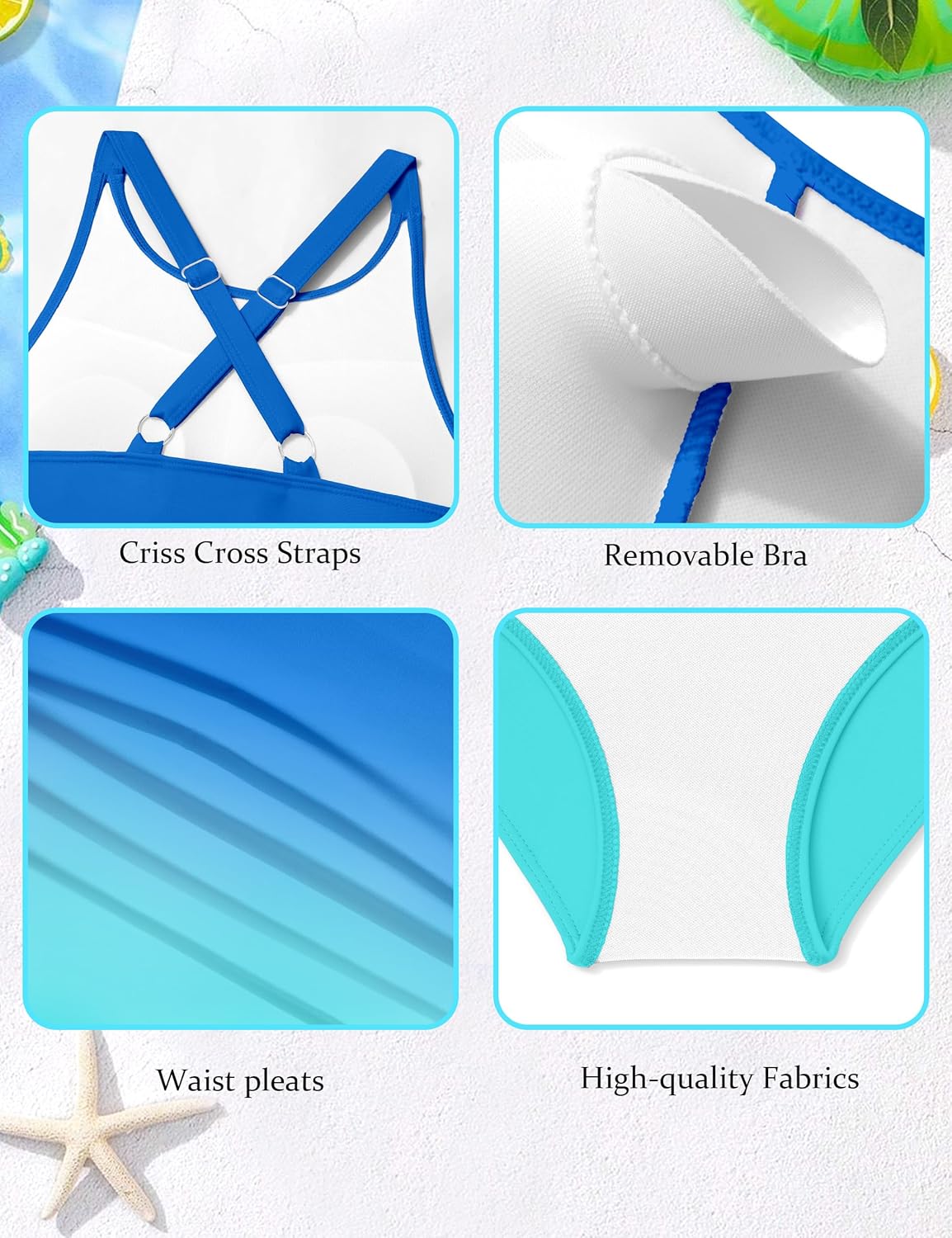 CRISONE Girls Swimsuit High Neck Girls Bathing Suit Cross Back Ruched Gradien One Piece Girl Swimwear 9-16Y - Image 6