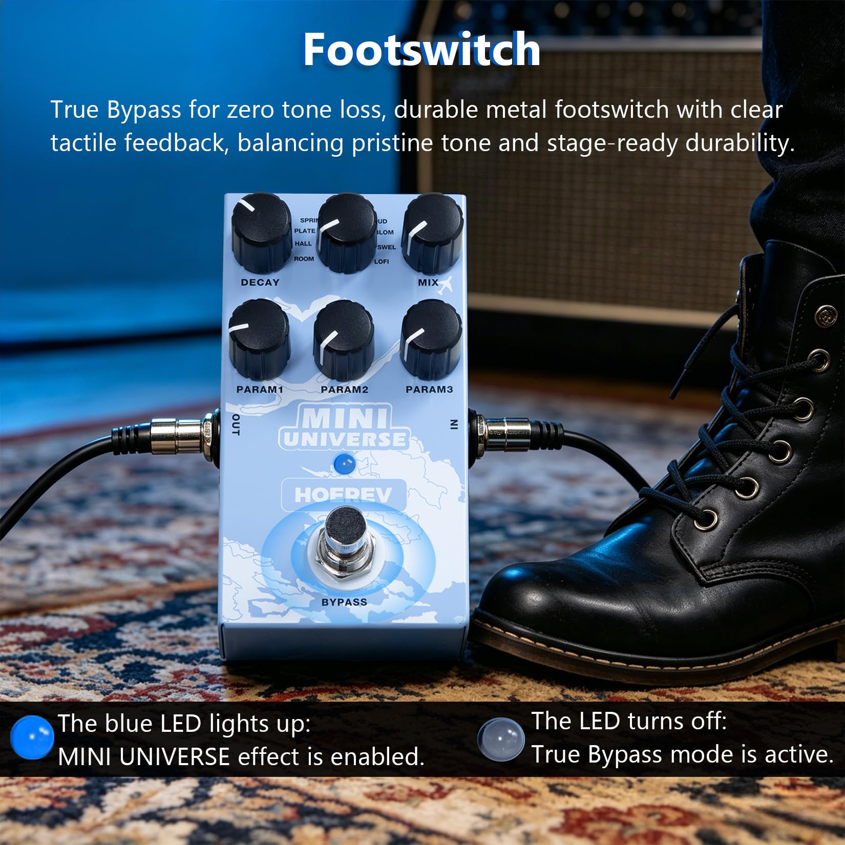 Hoerev Mini Universe Reverb Gitarren Effektpedal, 9 Reverb Effekte, Room/Hall/Plate/Spring/Shimmer/Cloud/Bloom/Swell/Lofi, True Bypass