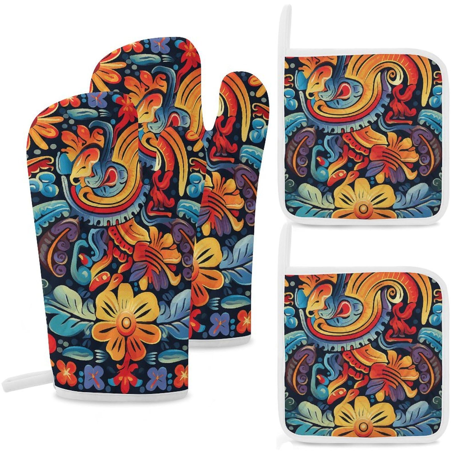 Mexican Oven Mitts and Pot Holders Sets Heat Resistant Oven Glove with Hanging Loop for Baking Cooking BBQ Thicken Potholders for Kitchen