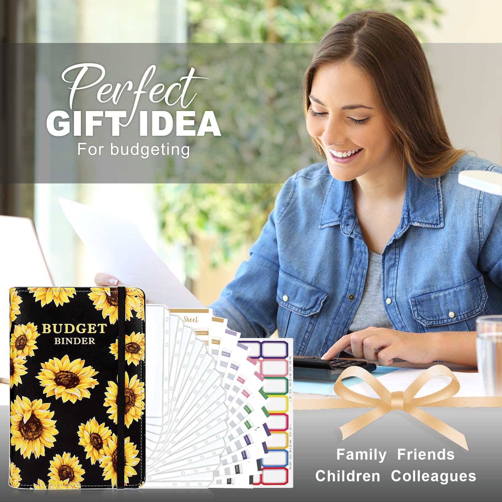 TAOPE Portadocumenti in Pelle PU A6 Binder Budget Set con 12 Sacchetti Trasparenti Cerniera, Nero Girasole