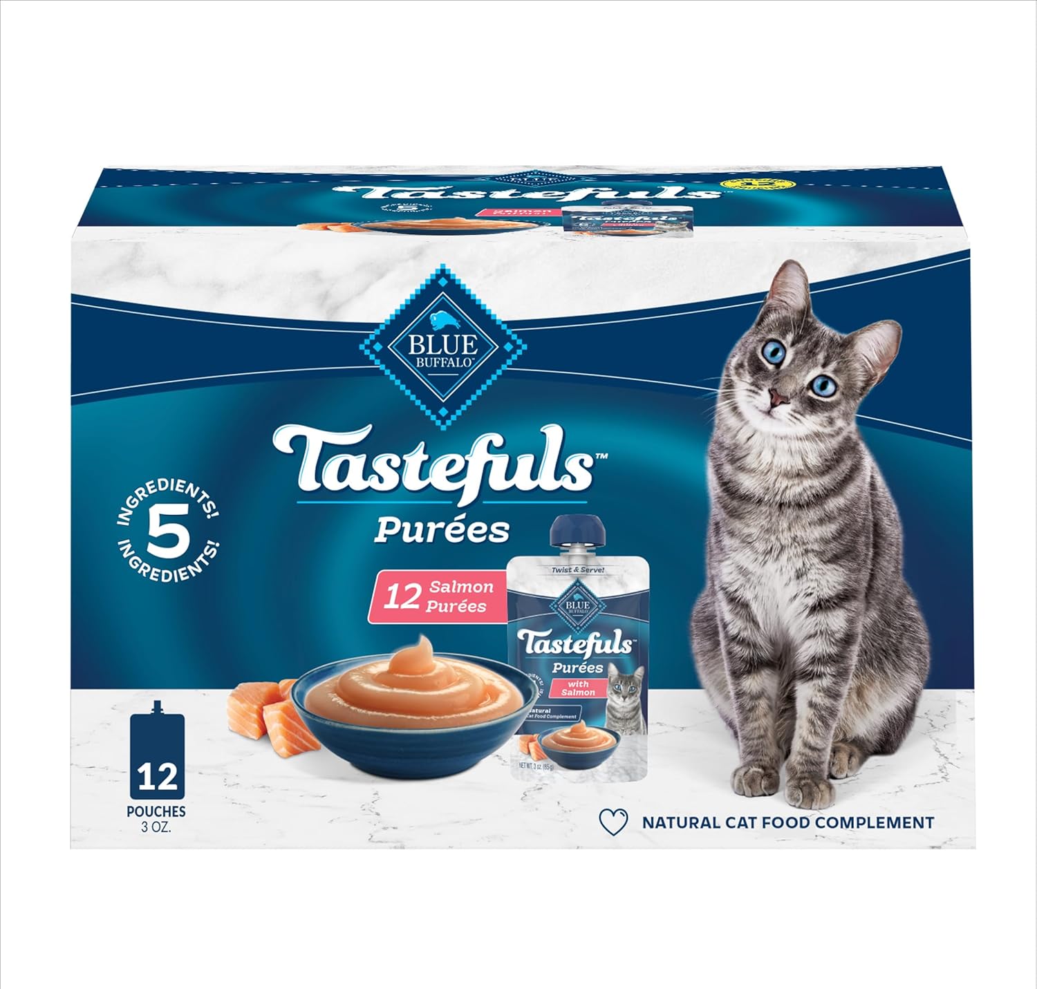 Blue Buffalo Tastefuls Purées with Salmon, Natural Cat Food Complement, Resealable Twist Cap Pouches, 3-oz. (12 Count)