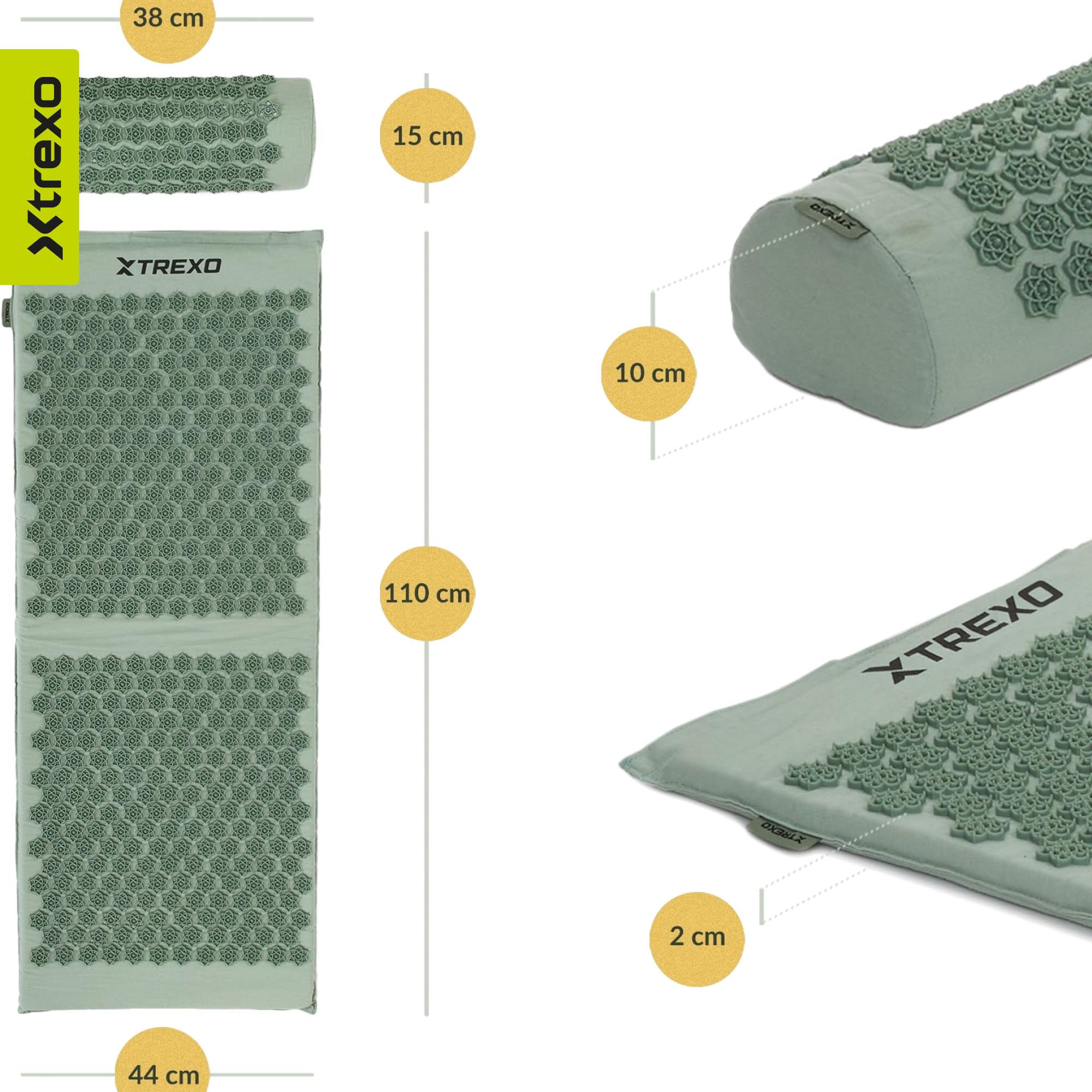 TREXO Grand tapis d'acupression avec coussin vert 110 x 44 x 2 cm avec coussin 38 x 15 cm avec housse en coton et éponge 18D - Pics en PVC résistants à l'abrasion - Soulage les tensions musculaires