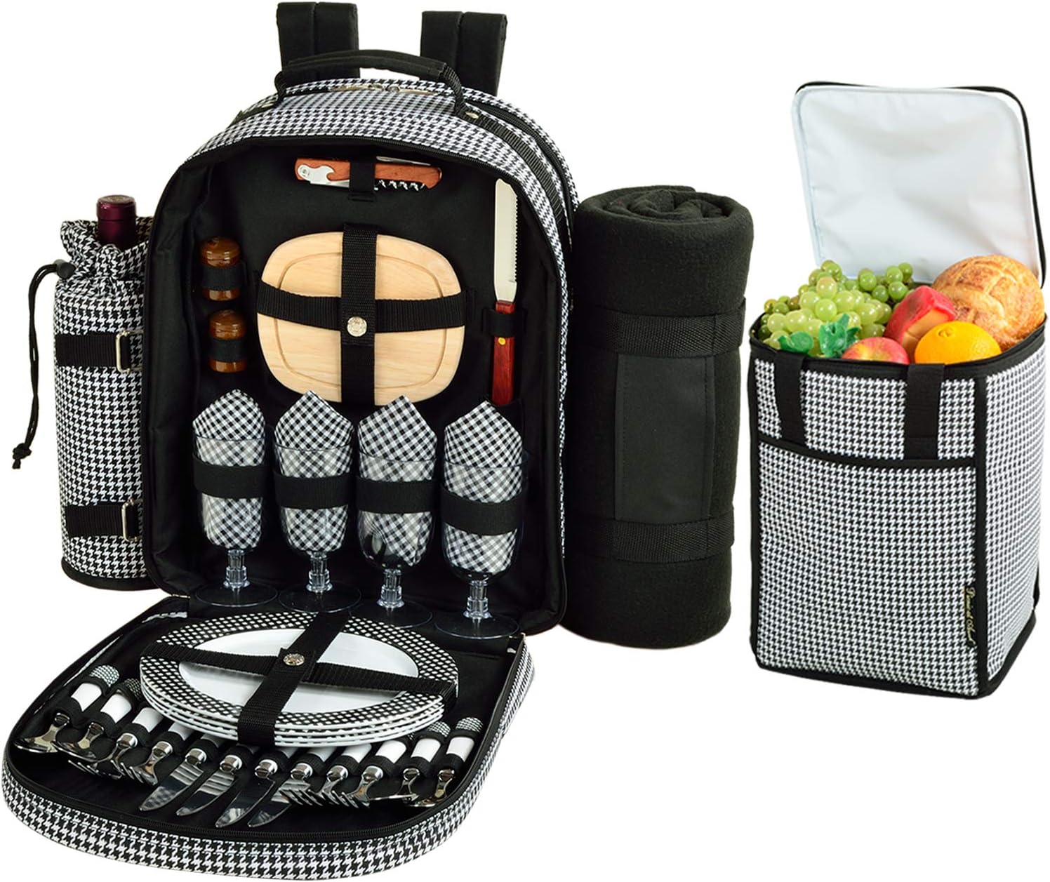 Picnic at Ascot Original Equipped Backpack for 4 with Blanket - Extra Bonus Cooler - Designed & Assembled in California - Houndstooth