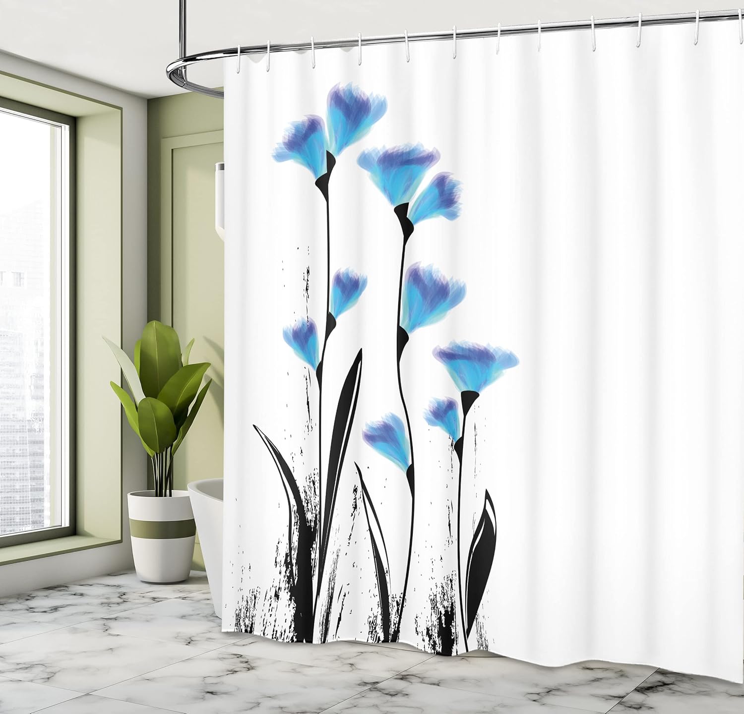 Ambesonne Floral Shower Curtain, Vector Flowers with Turkish Ottoman Tulips in The Ombre Style and Watercolored Image of an Artwork, Fabric Bathroom Decor Set with Hooks, 69" W x 75" L, Charcoal Blue