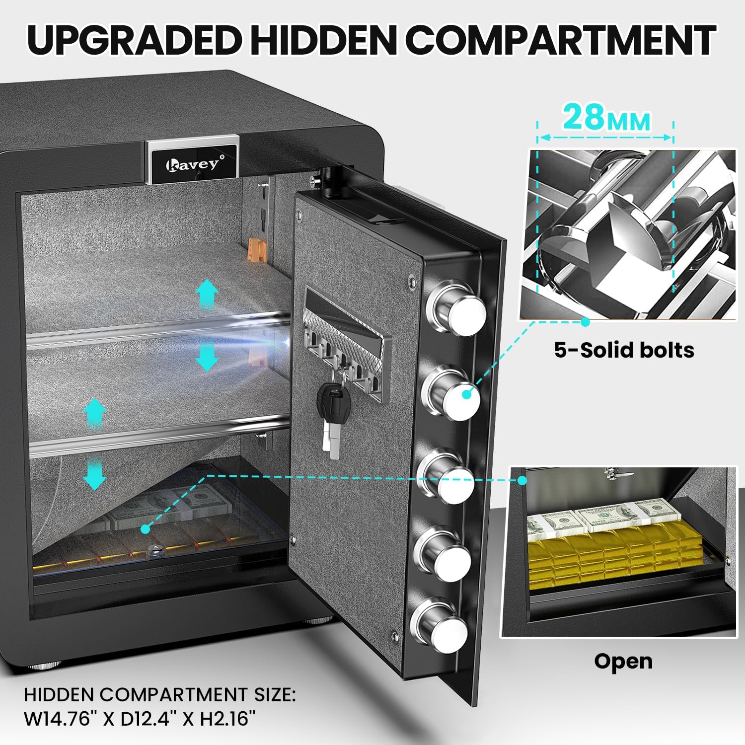 Image showing the safe's interior with a hidden compartment at the bottom, and an inset showing the compartment opened with money inside.