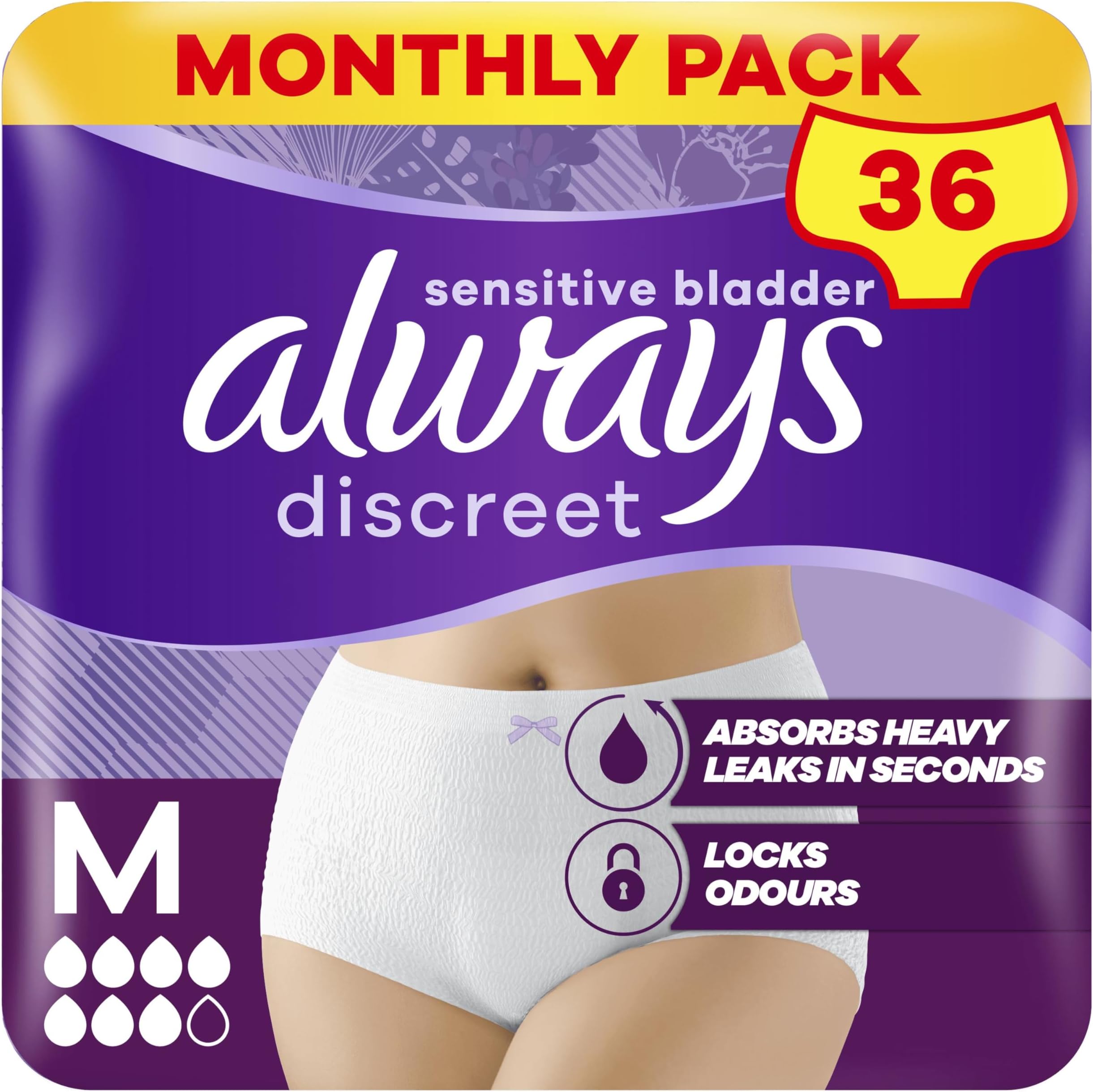 Always Discreet Incontinence Pants Women, Medium, UK Size 10-16, White, Absorbency 6, 36 Underwear , Knickers (9 x 4 Packs), Heavy Bladder Leak Protection , Maternity Pants After Birth