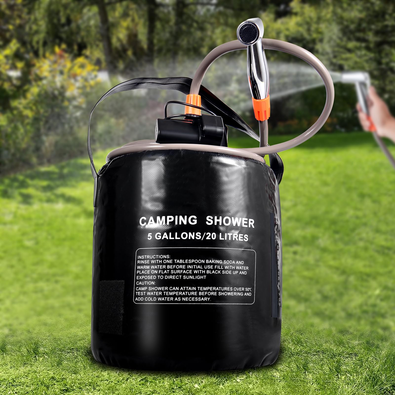 20L Sacco d'Acqua per Campeggio Doccia Portatile,termometro,Riscaldamento Solare,Batteria Integrata 4400mAh,Ricarica USB,spruzzatore,Adatto per Escursioni/Zaino,Campeggio,Spiaggia,Giardino