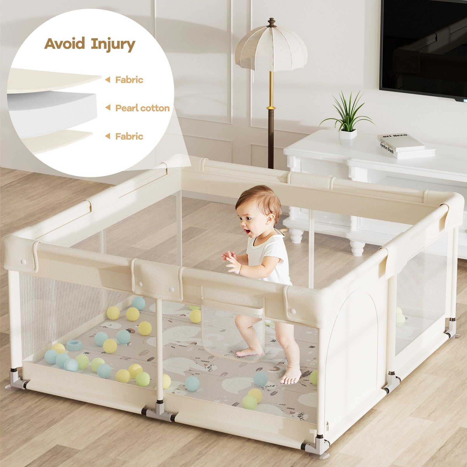 Lertantri 120x120cm Box Bambini con Materassino, Beige Recinto per Bambini, Box Bambini per Appartamento, Recinto Neonato con Rete Traspirante Sui Quattro Lati e Ventose, Petit Parc Bebe