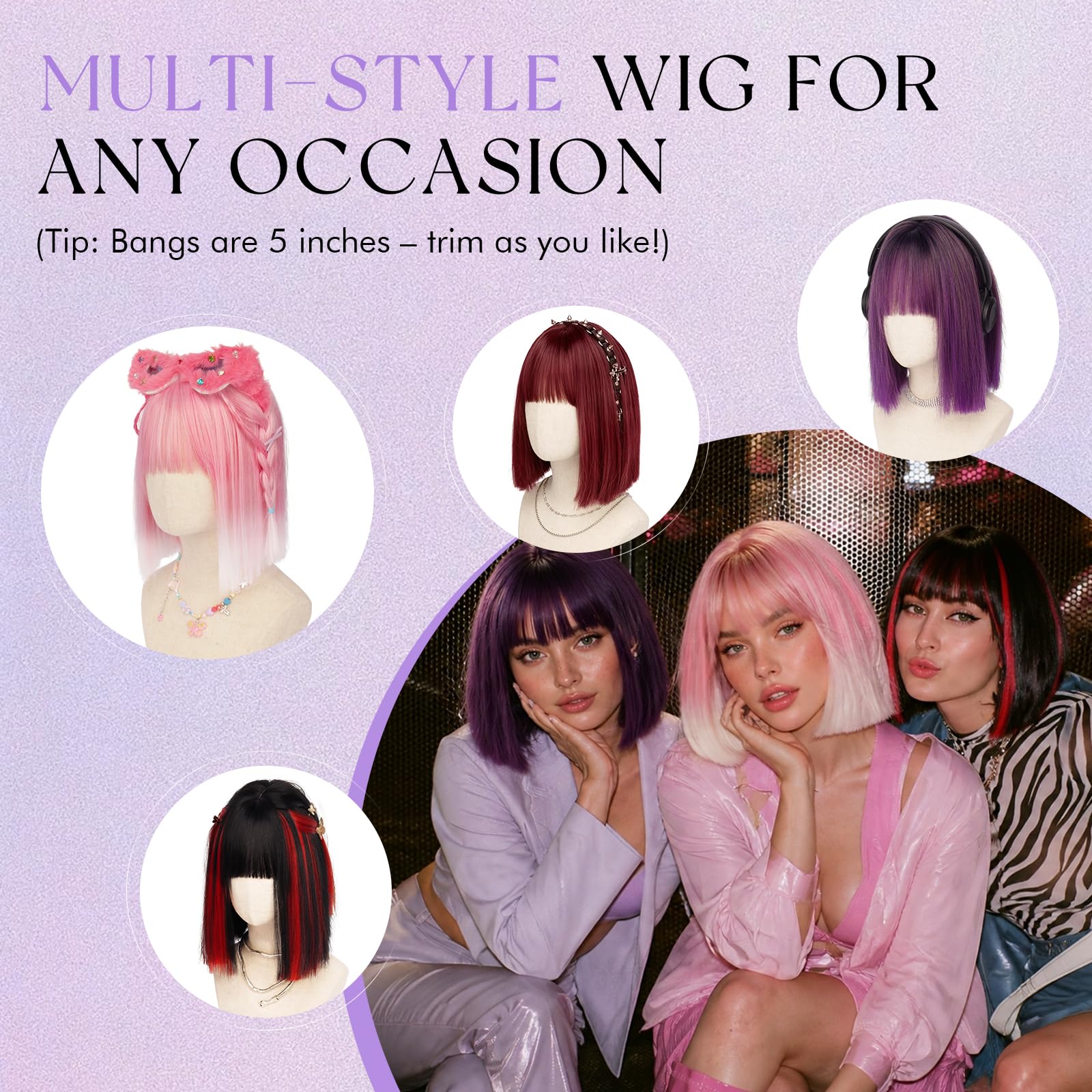 Sofeiyan Peluca con Mucho Volumen,30 cm Pelucas Cabello Natural | Peluca Corta Lisa Bob con Flequillo,Pelucas Sintética para Mujer Diario Fiestas Carnaval Cosplay,Negro con Mechones Rojos