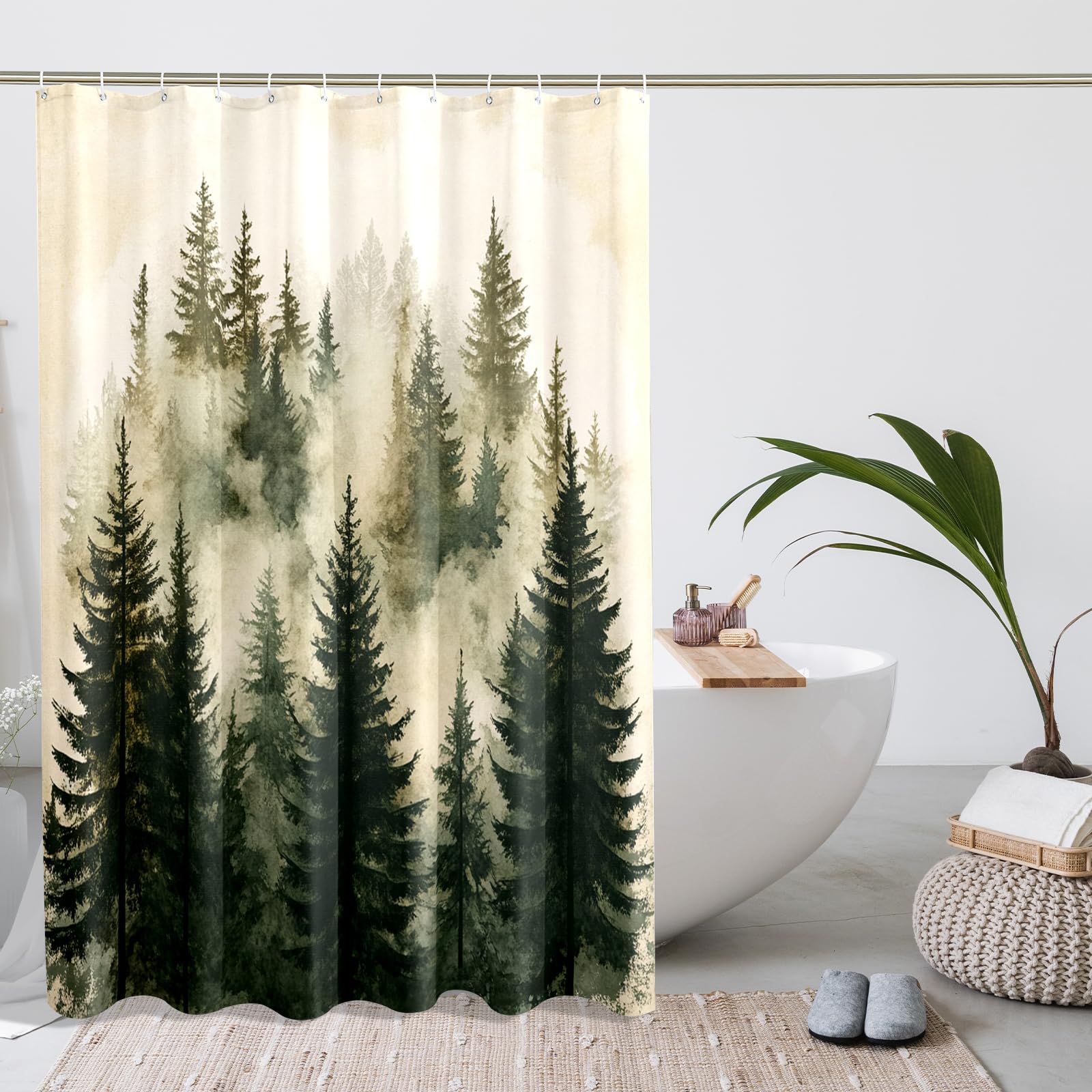 Ensemble de rideau de douche motif forêt aquarelle - Rideau de douche paysage d'arbre naturel - Accessoires de salle de bain brumeux - Motif imprimé décoratif - 183 cm