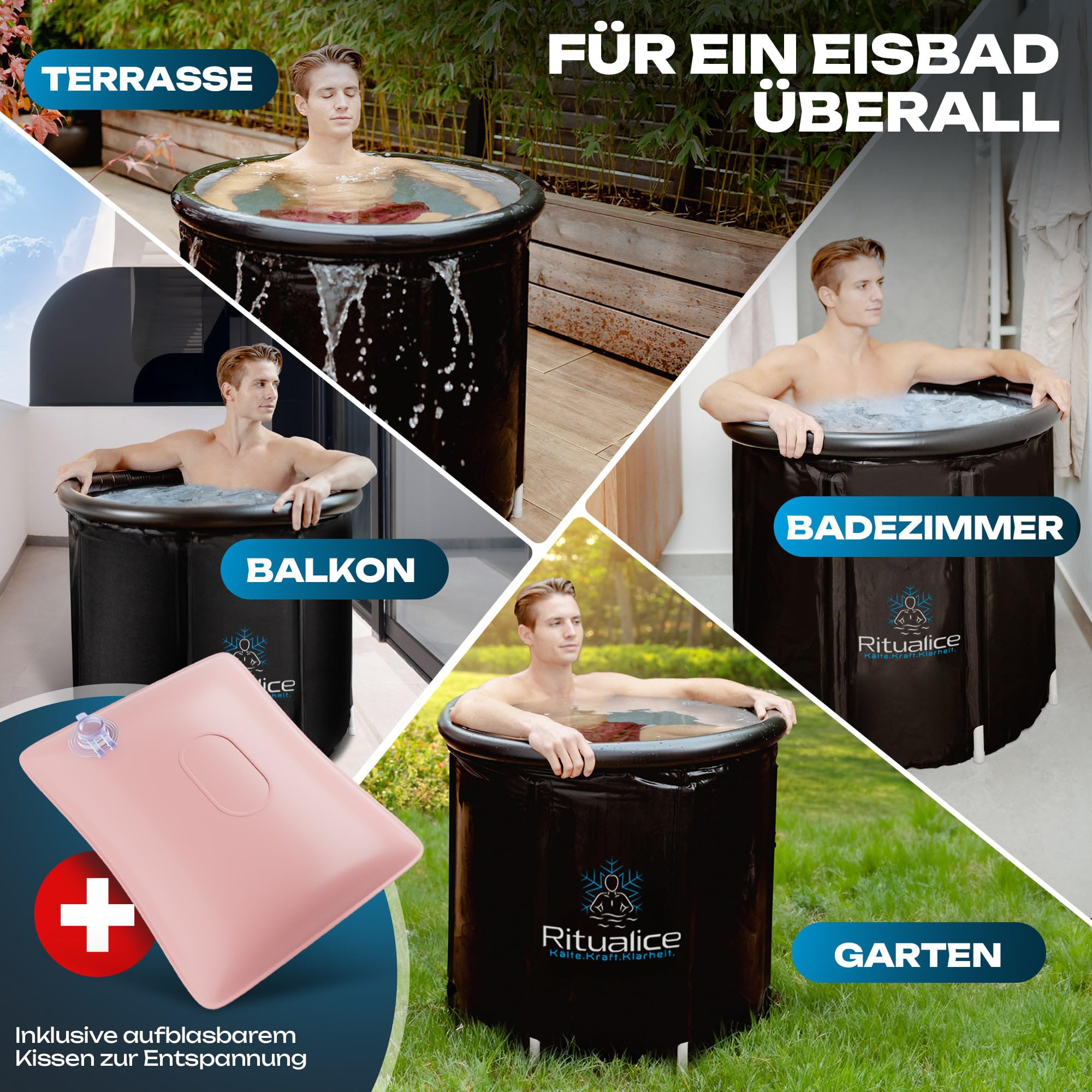 Eisbad XL 80 cm Komplettset mit Deckel & Stoffbezug | Eistonne/Eiswanne für Kryotherapie, Eisbaden & Cold Plunge zuhause, 8 Stützstangen, 5-Schichten-Material