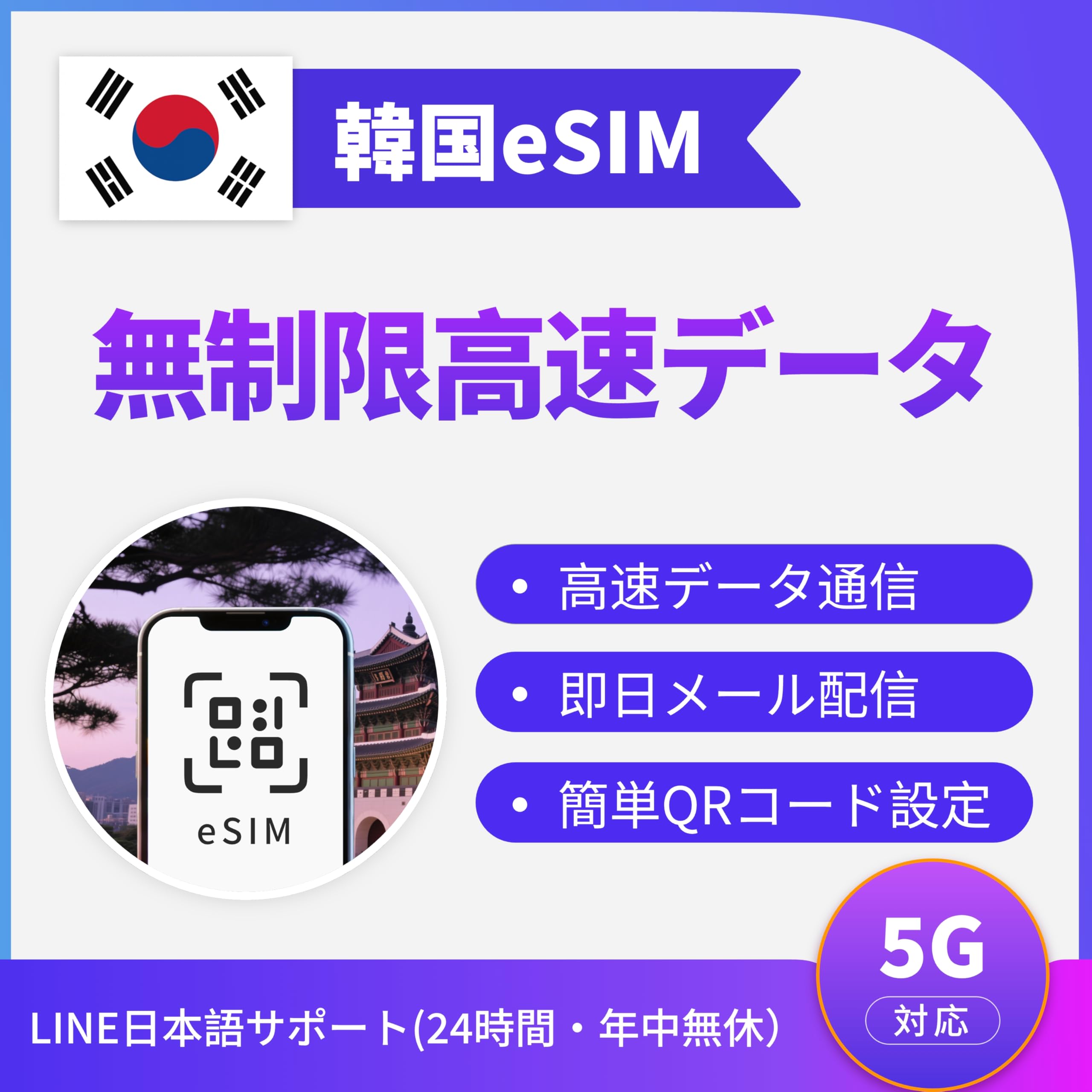 eSIM 韓国 使用期間：１０日、データ容量：総容量無制限、データ通信のみ。2枚
