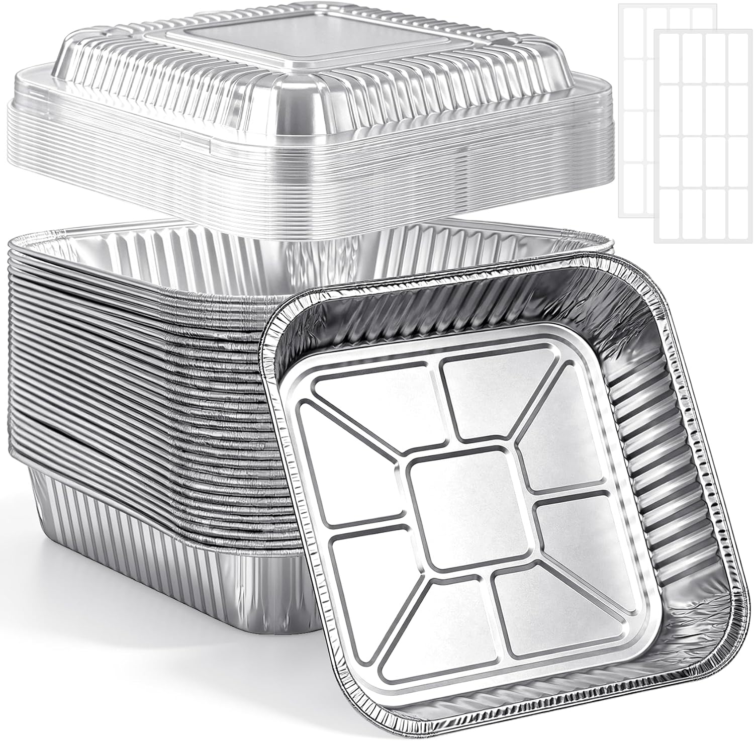 25 Pack 8x8 Aluminum Pans with Clear Plastic Lids, Heavy Duty Square Baking Cake Pans, Foil Pans with Lids, Disposable Food Containers for Cooking Heating Storing Prepping |Writable Stickers Included