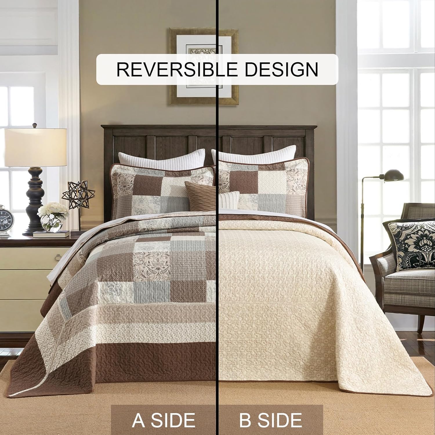 SahSahCasa 100% Cotton 120"x102" Oversized Queen Bedspread Coverlet Quilt Set, Plaid Paisley Floral Extra Large Reversible XL Bed Spread Lightweight Comforter, Brown/Beige/Gray - Image 8