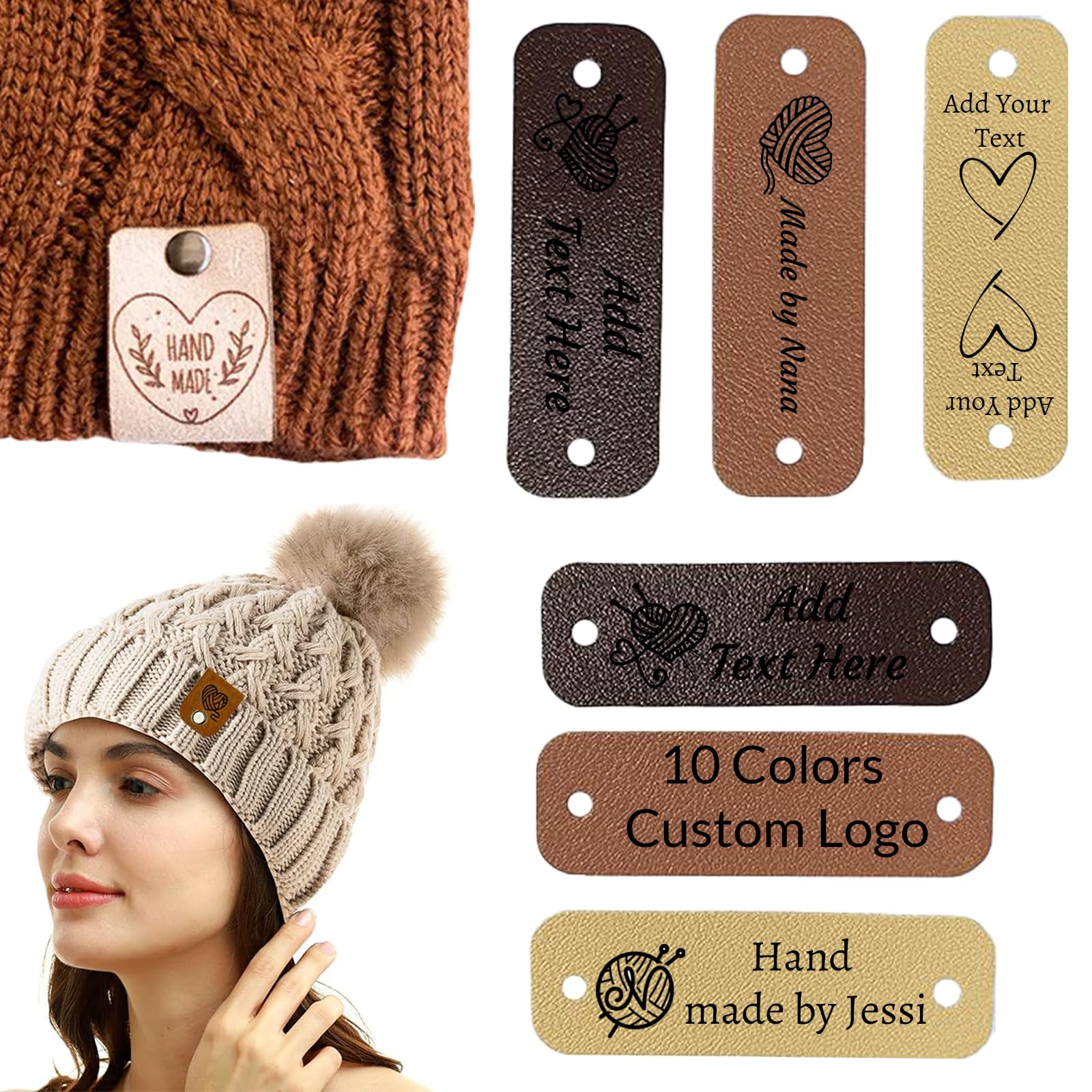 Personalized Leather Tags for Crochet Items for Handmade Items Custom Leather Labels with Rivet 2.5 x 0.8 in Personalized Tags for Knitting Crochet for Hats Beanies Scarves (2.5 * 0.8 in)