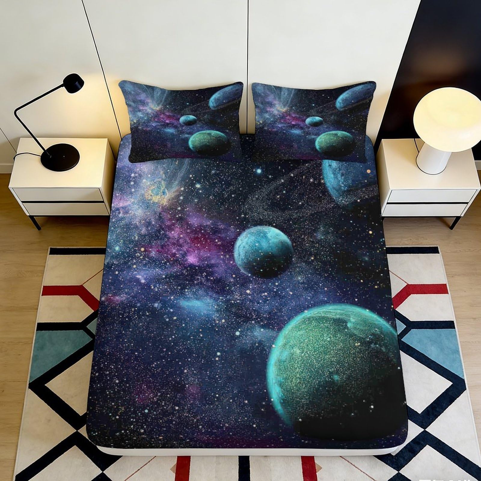 3D Printed Galaxy Fitted Sheet, Cosmic Mattress Cover, Microfiber soft touch, easy care, wrinkle resistant bedroom decor, apartment bedding, 116 90x200x25cm